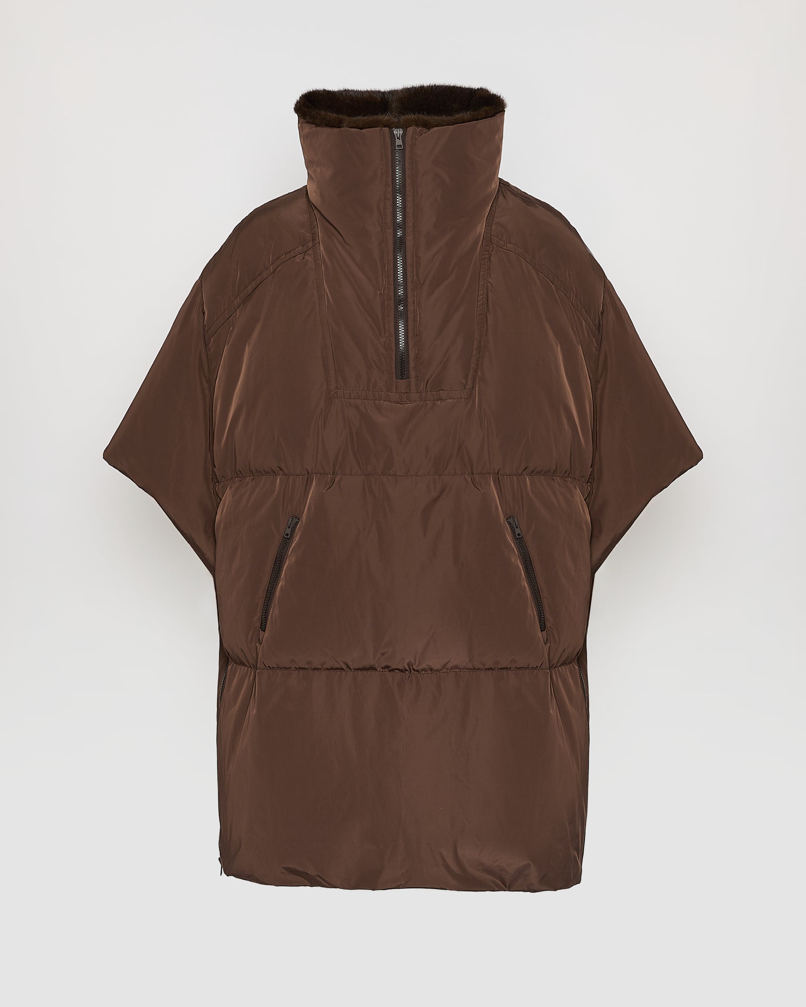 Technical fabric down cape with mink fur stand collar and lining. - Yves Salomon