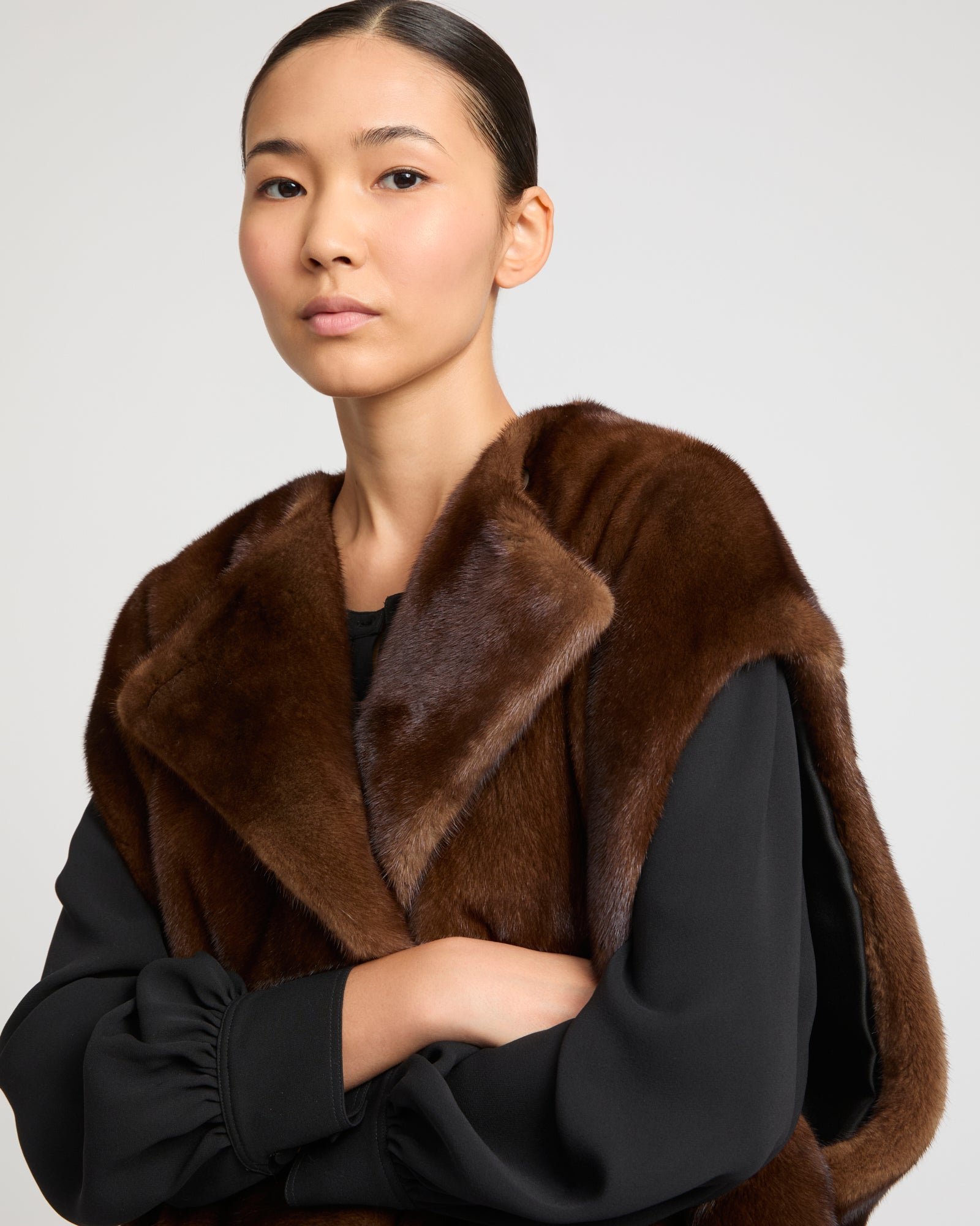Long-haired mink fur belted cape -Yves Salomon