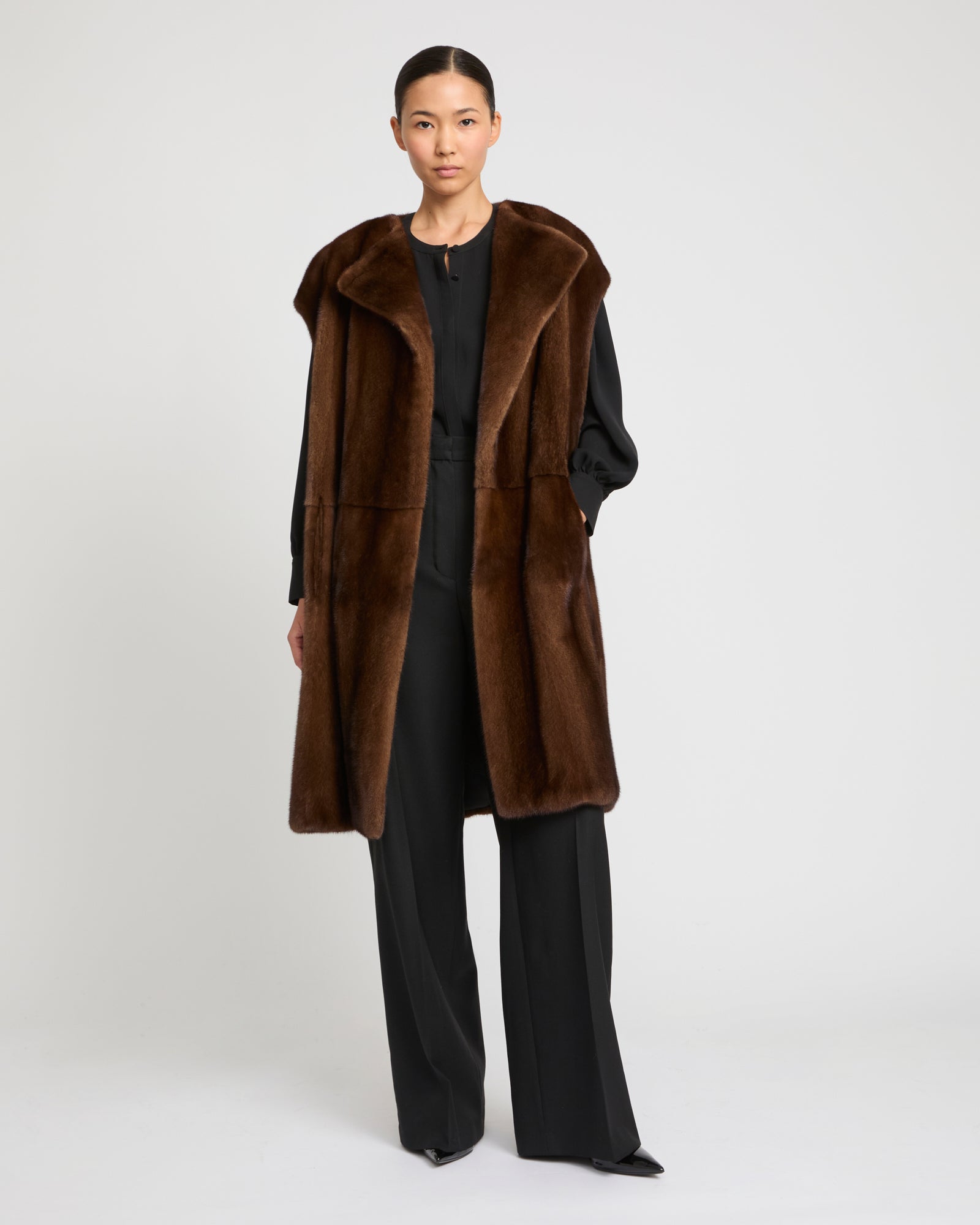 Long-haired mink fur belted cape -Yves Salomon