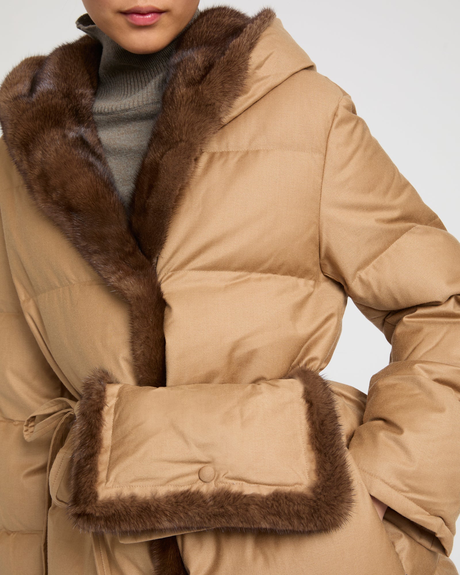 Down maxi belted coat in flannel fabric and mink fur - camel