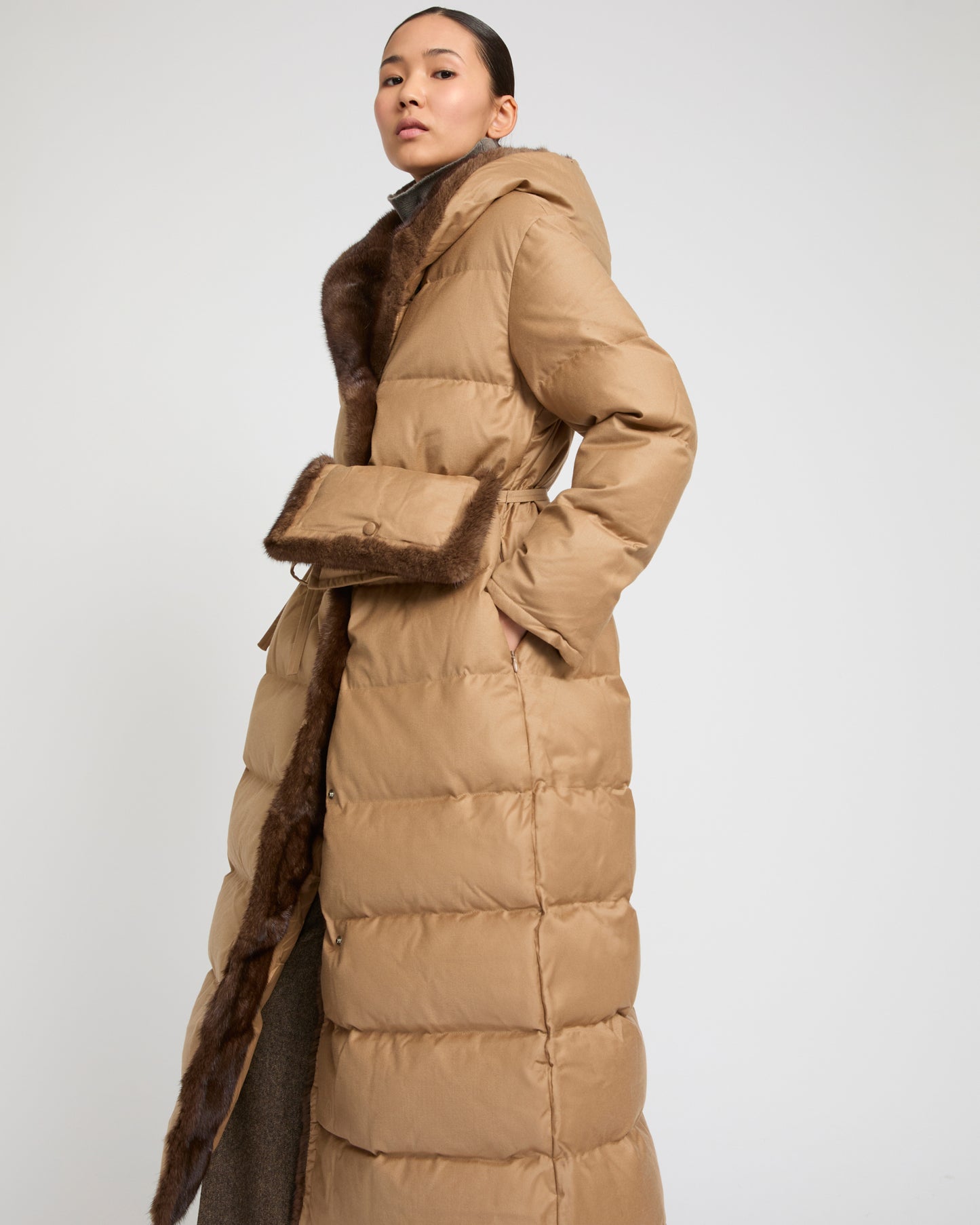 Down maxi belted coat in Loro Piana flannel fabric and mink fur
