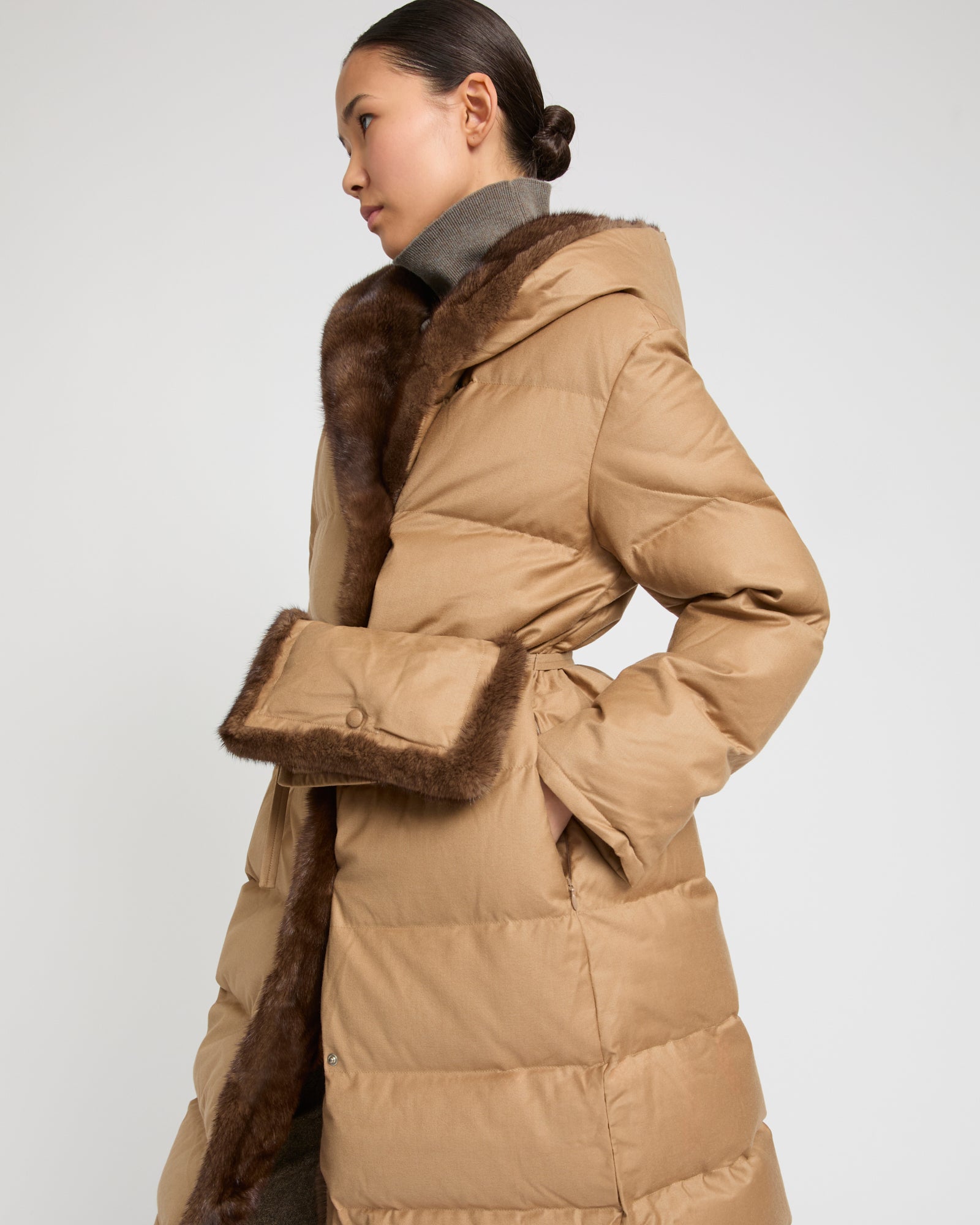 Down maxi belted coat in flannel fabric and mink fur - camel
