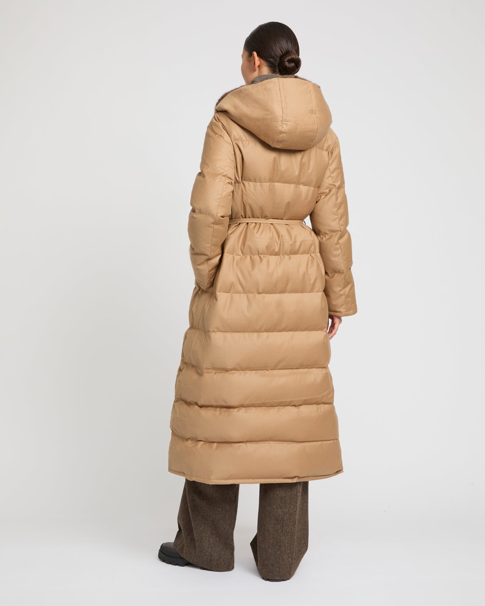 Down maxi belted coat in flannel fabric and mink fur - camel