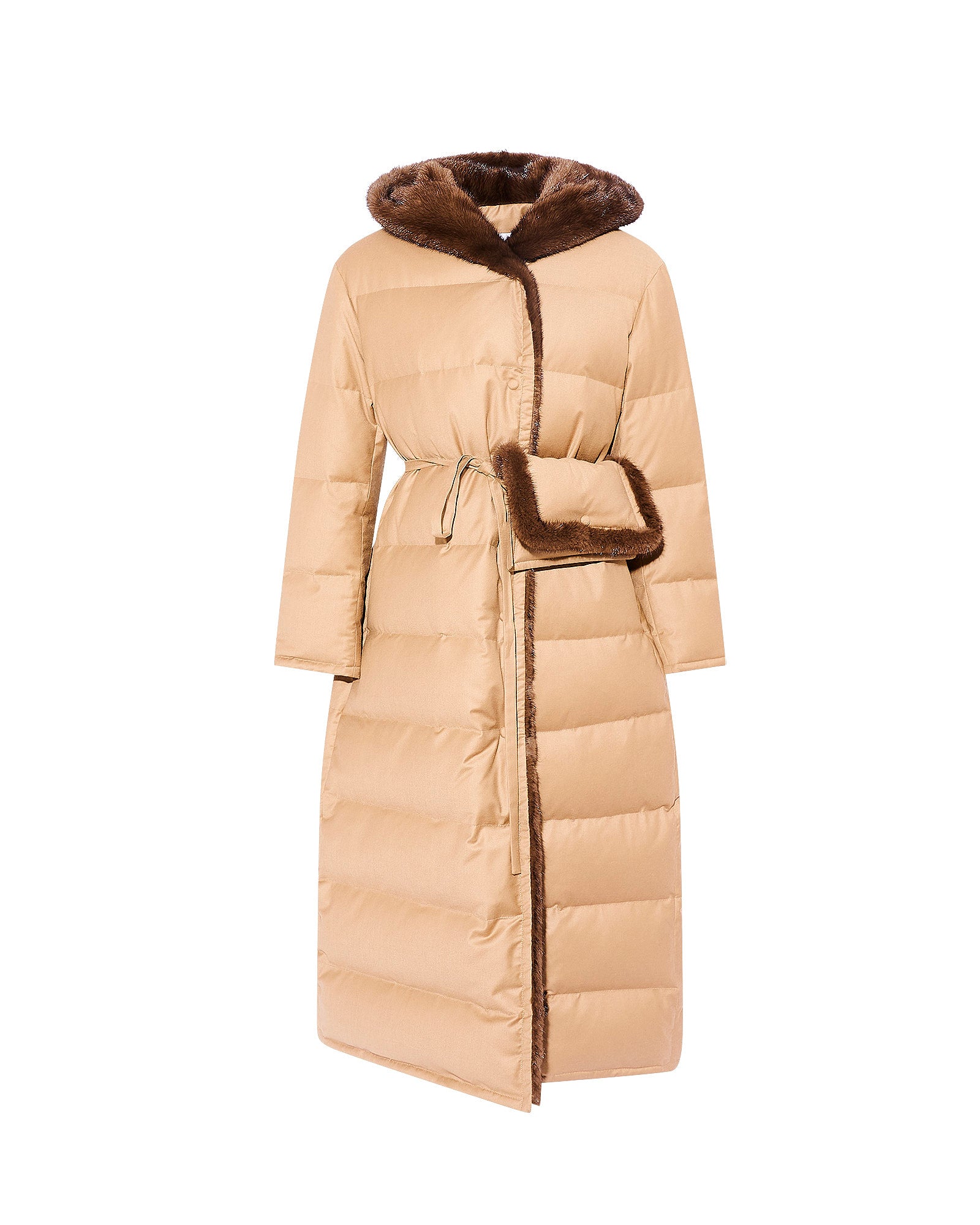 Down maxi belted coat in flannel fabric and mink fur - camel