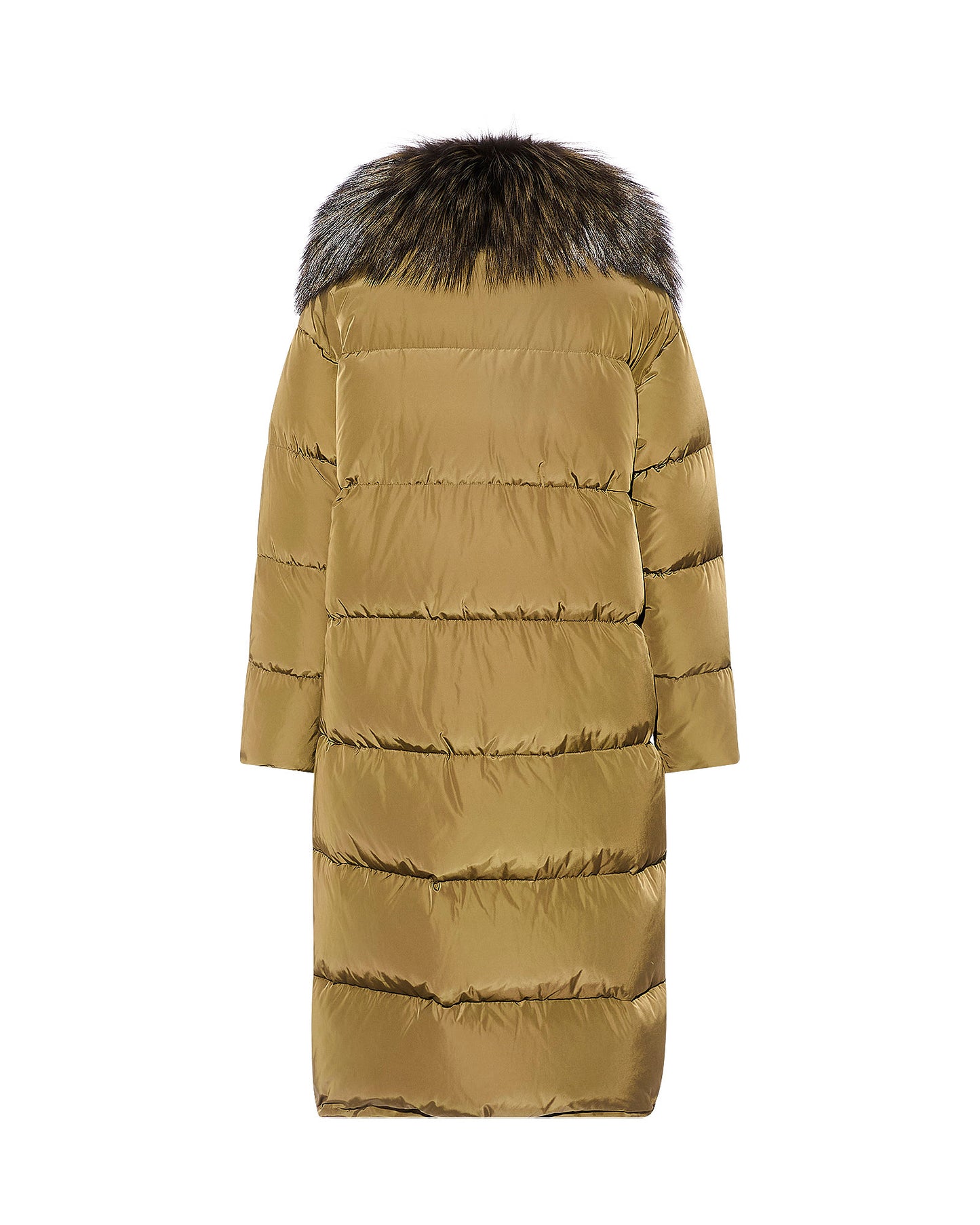 Technical fabric long down jacket with large detachable fox fur collar
