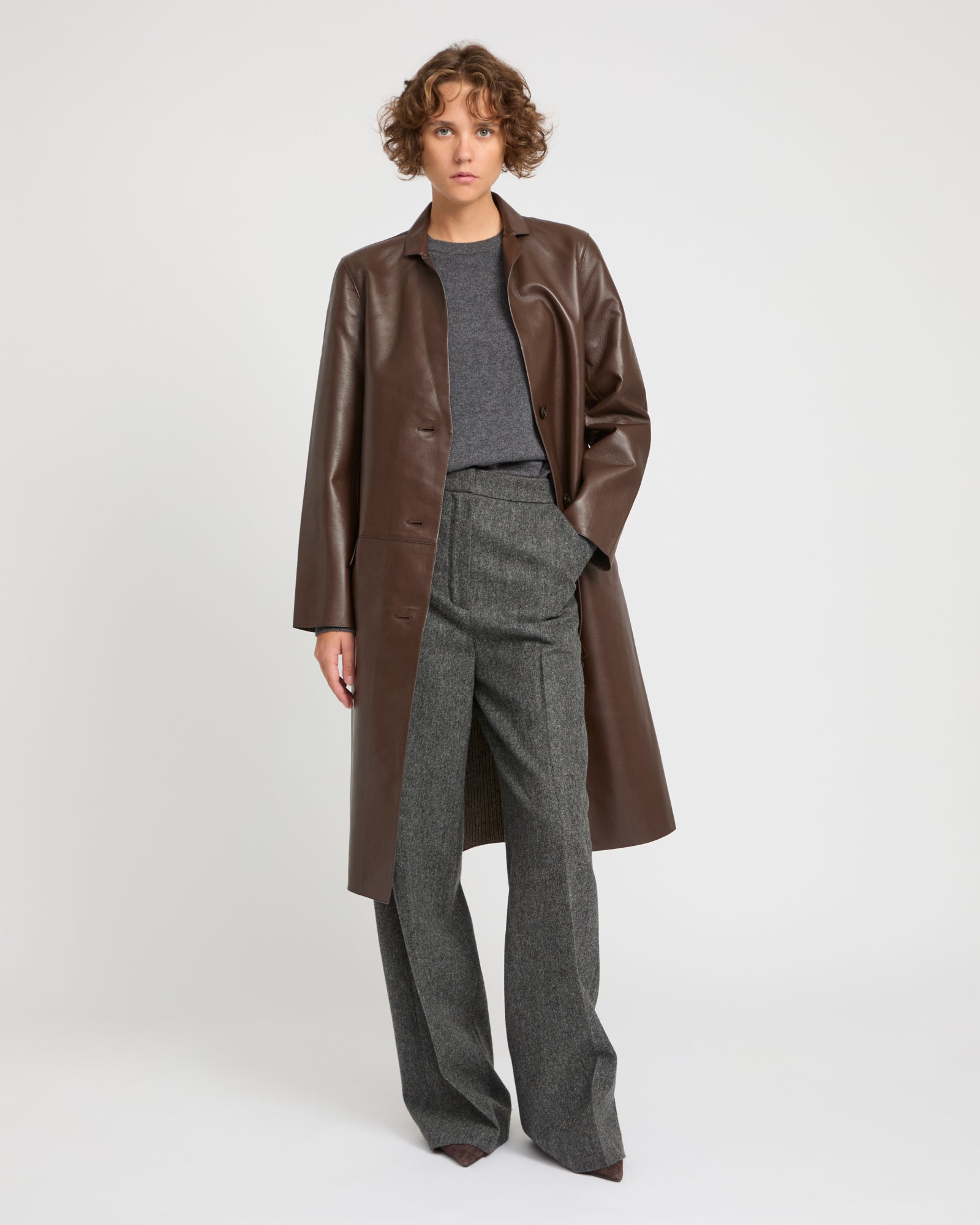 Straight coat in bonded leather and wool -Yves Salomon