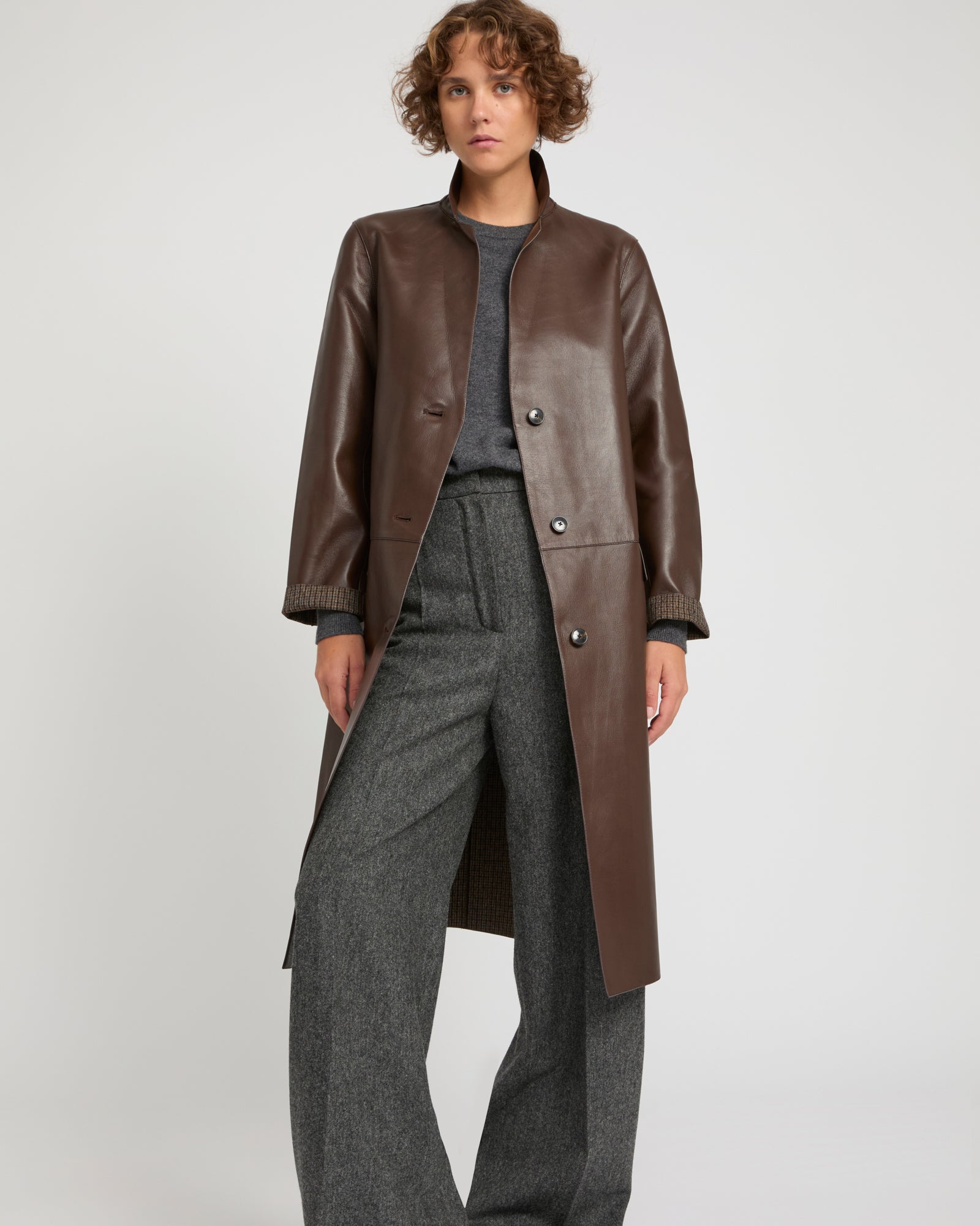 Straight coat in bonded leather and wool -Yves Salomon