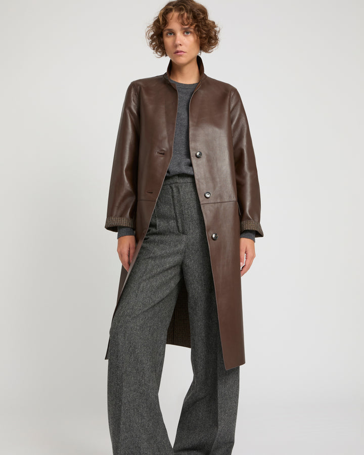Straight coat in bonded leather and wool -Yves Salomon