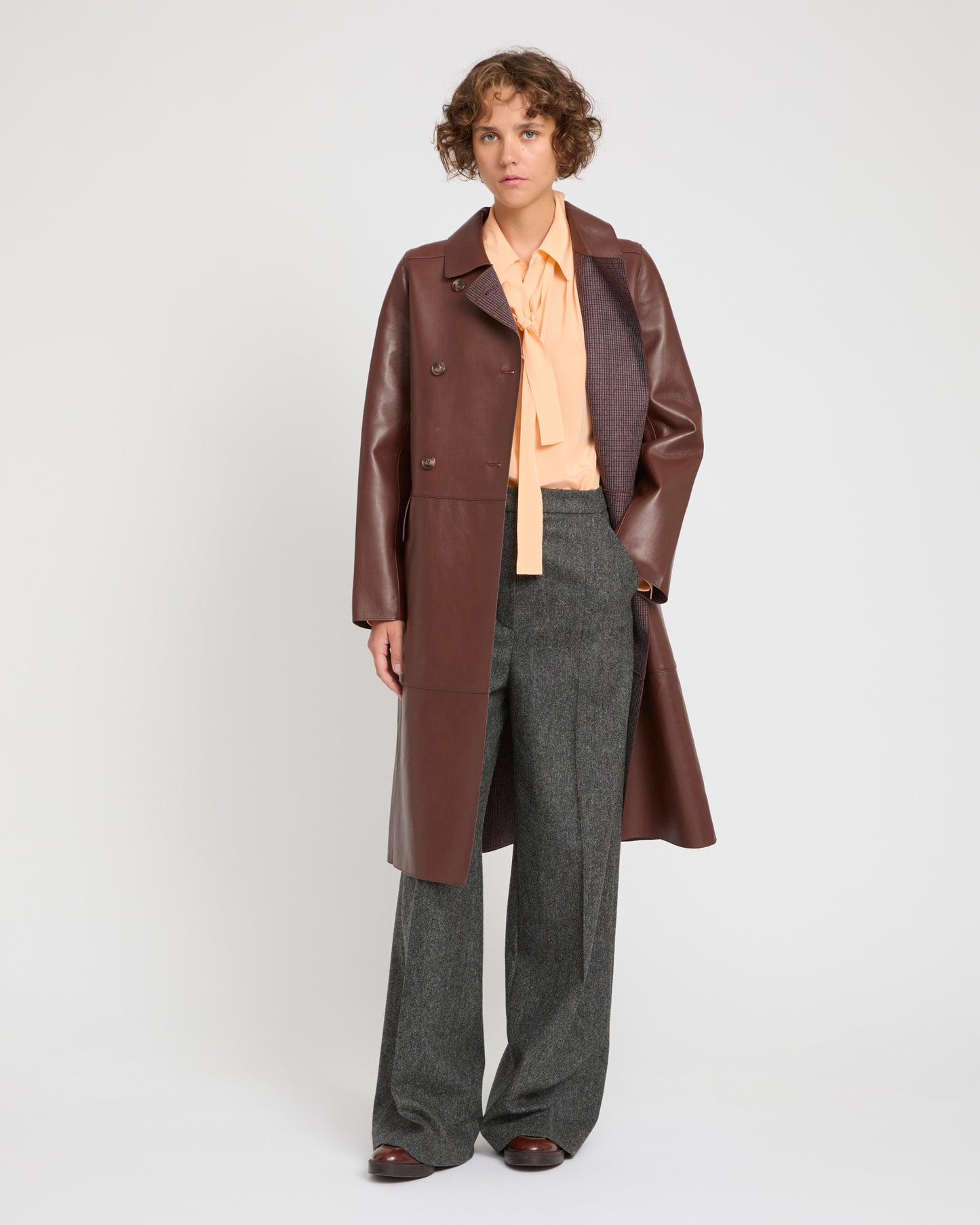 Double-breasted coat in bonded leather and wool