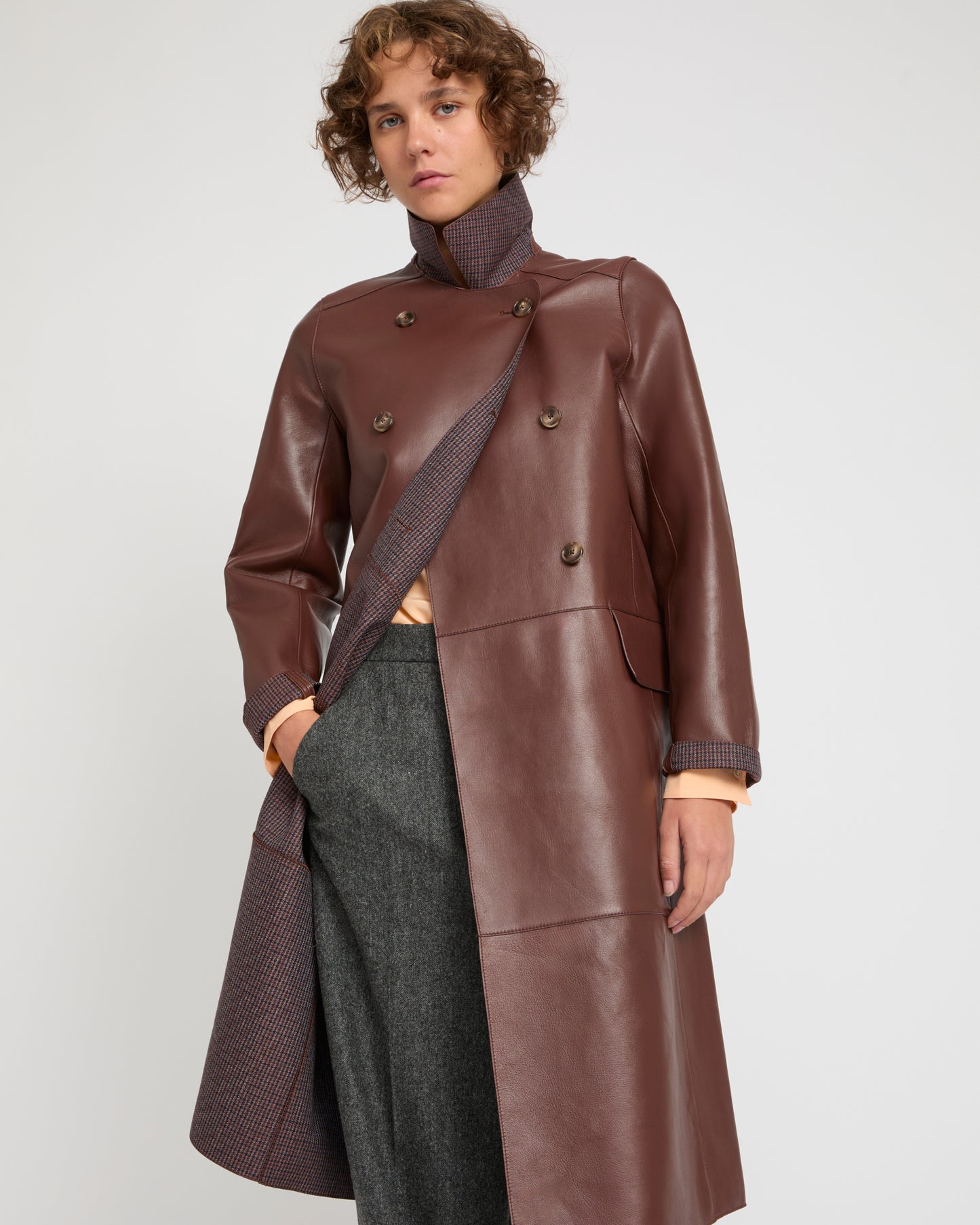 Double-breasted coat in bonded leather and wool