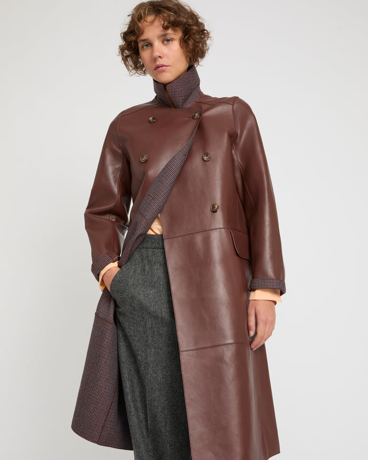 Double-breasted coat in bonded leather and wool