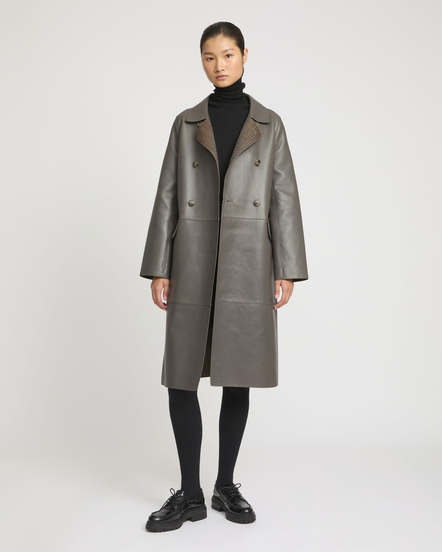 Double-breasted coat in bonded leather and wool