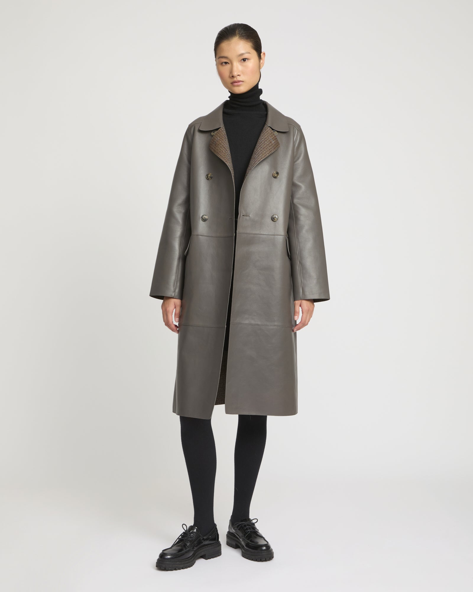 Double-breasted coat in bonded leather and wool -Yves Salomon