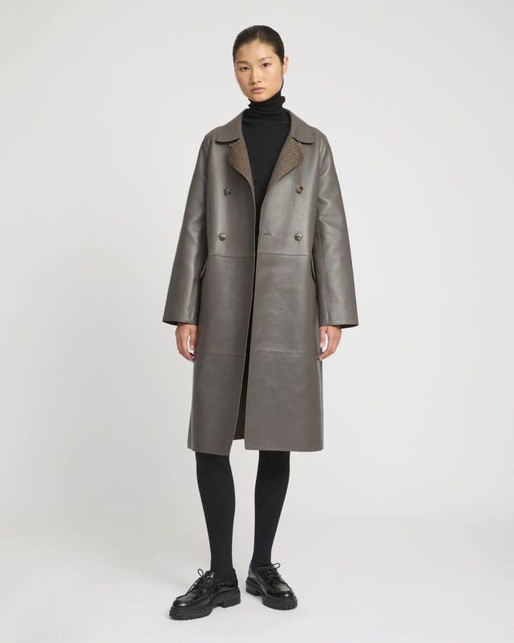 Double-breasted coat in bonded leather and wool