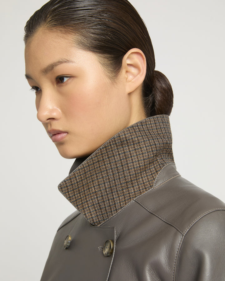 Double-breasted coat in bonded leather and wool