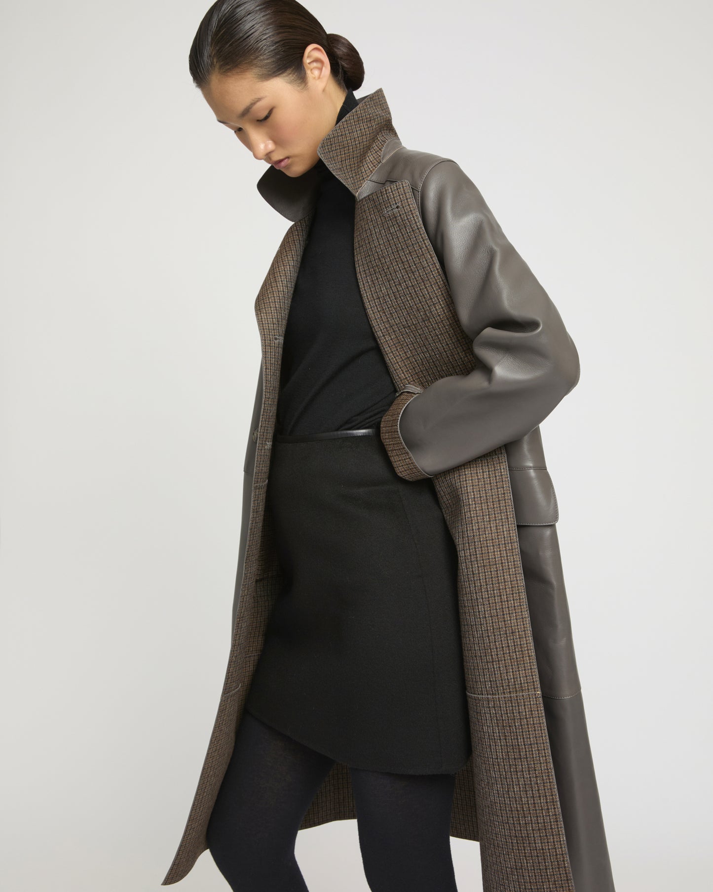 Double-breasted coat in bonded leather and wool