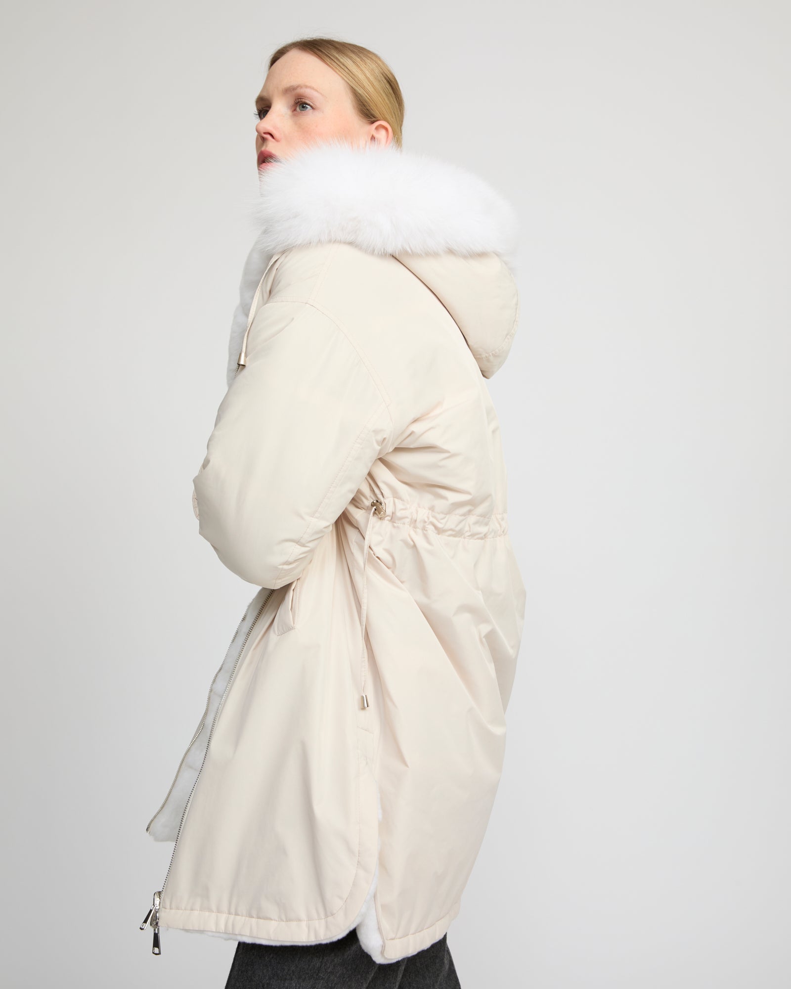 Hooded coat in technical fabric reversible rex rabbit fur - Yves Salomon