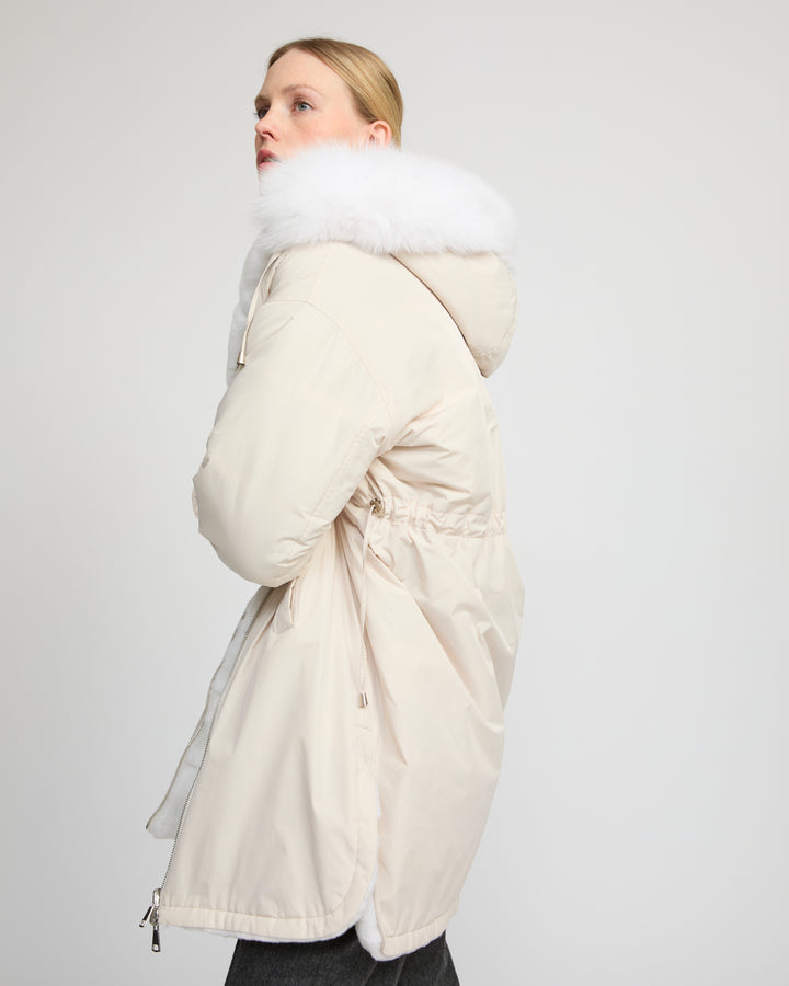 Hooded coat in technical fabric reversible rex rabbit fur