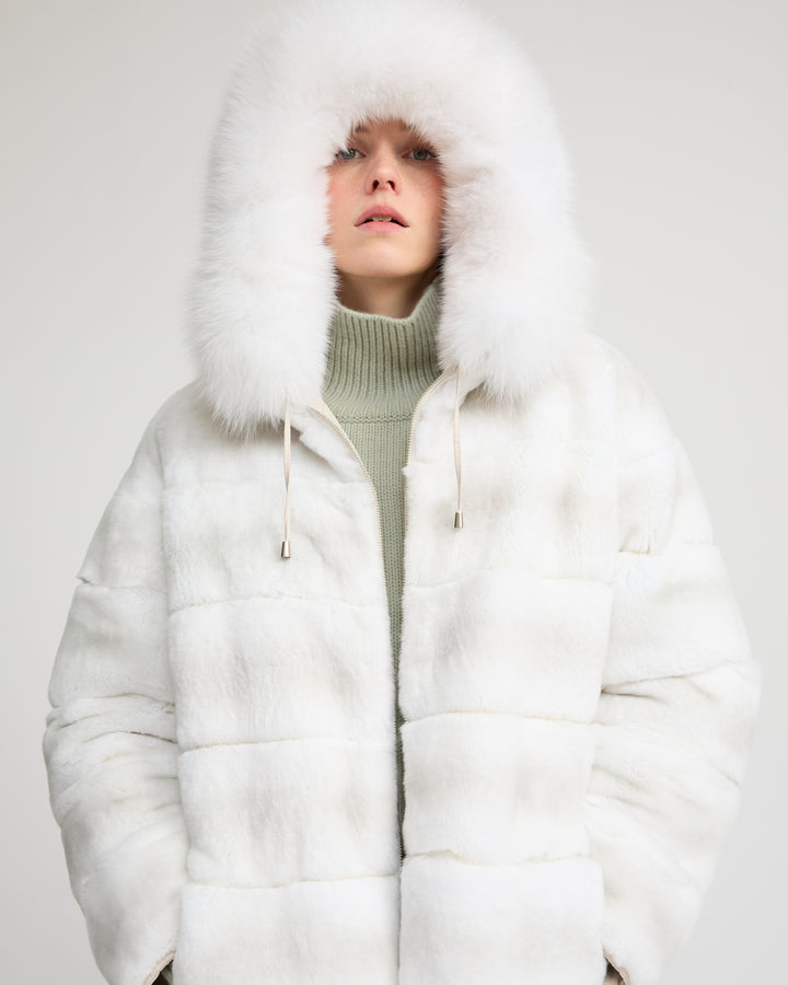 Hooded coat in technical fabric reversible rex rabbit fur