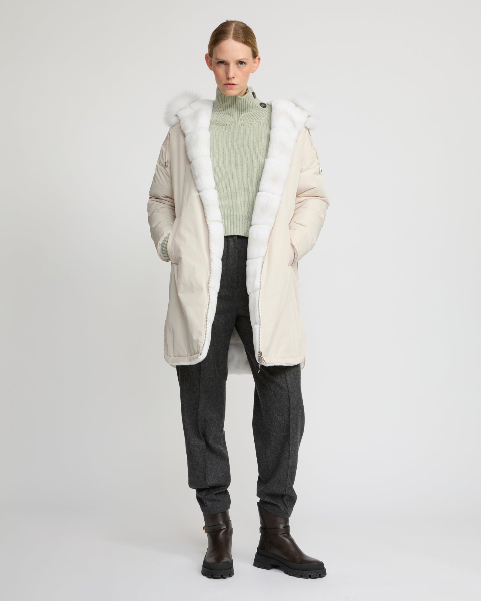Hooded coat in technical fabric reversible rex rabbit fur - Yves Salomon