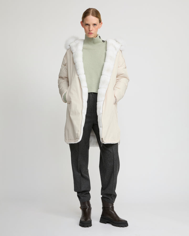 Hooded coat in technical fabric reversible rex rabbit fur