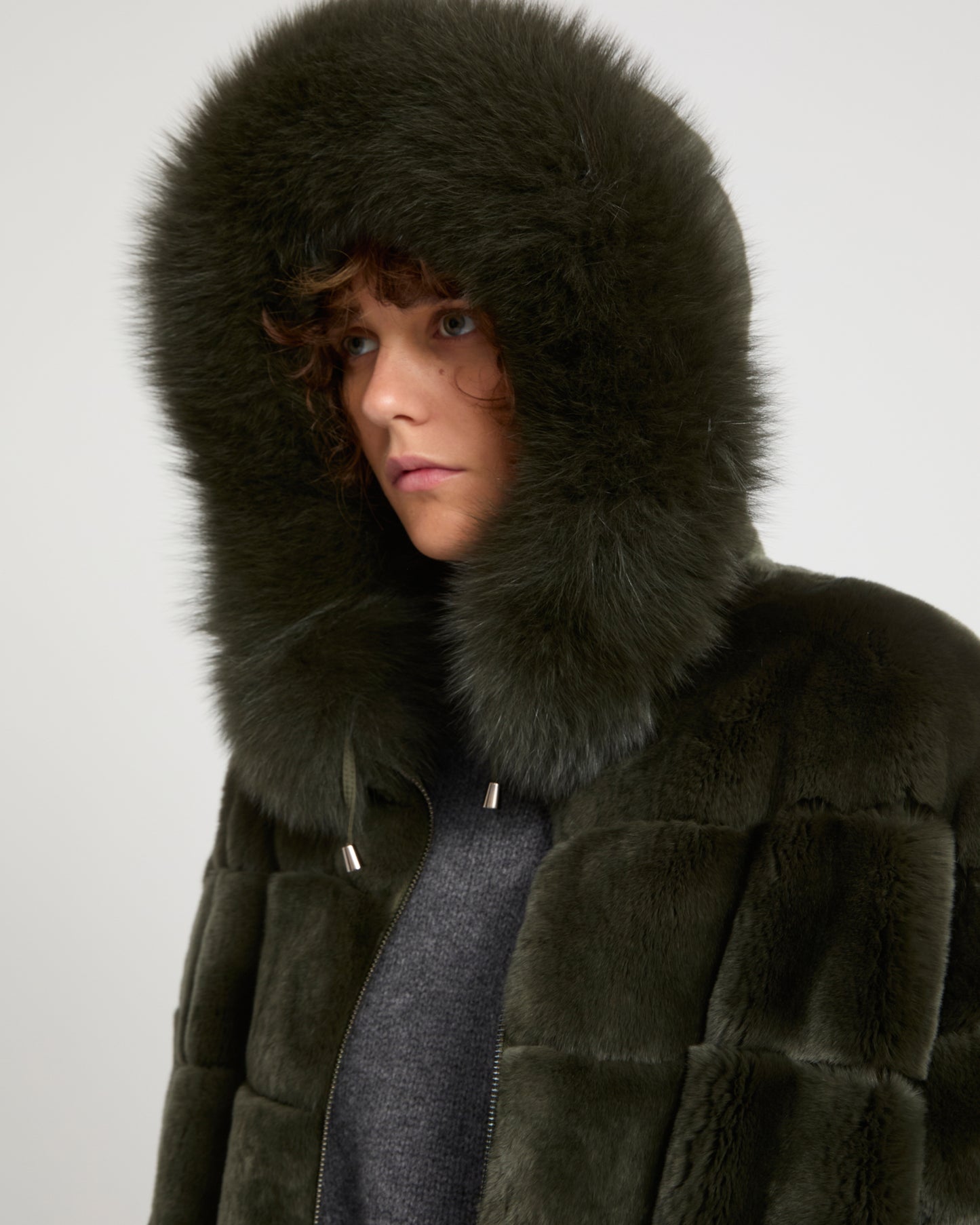 Hooded coat in technical fabric reversible rex rabbit fur
