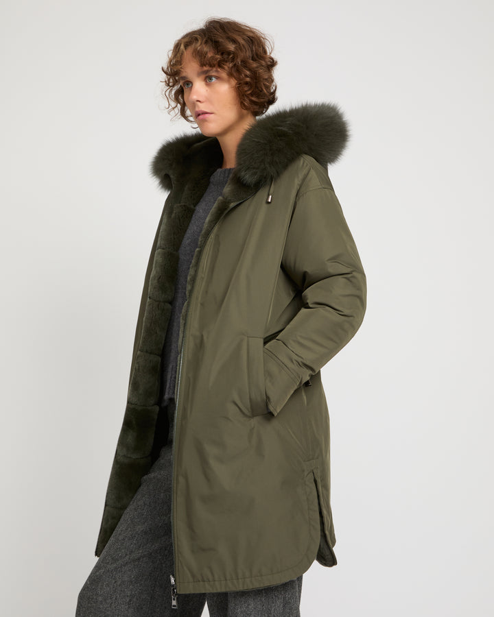 Hooded coat in technical fabric reversible rex rabbit fur