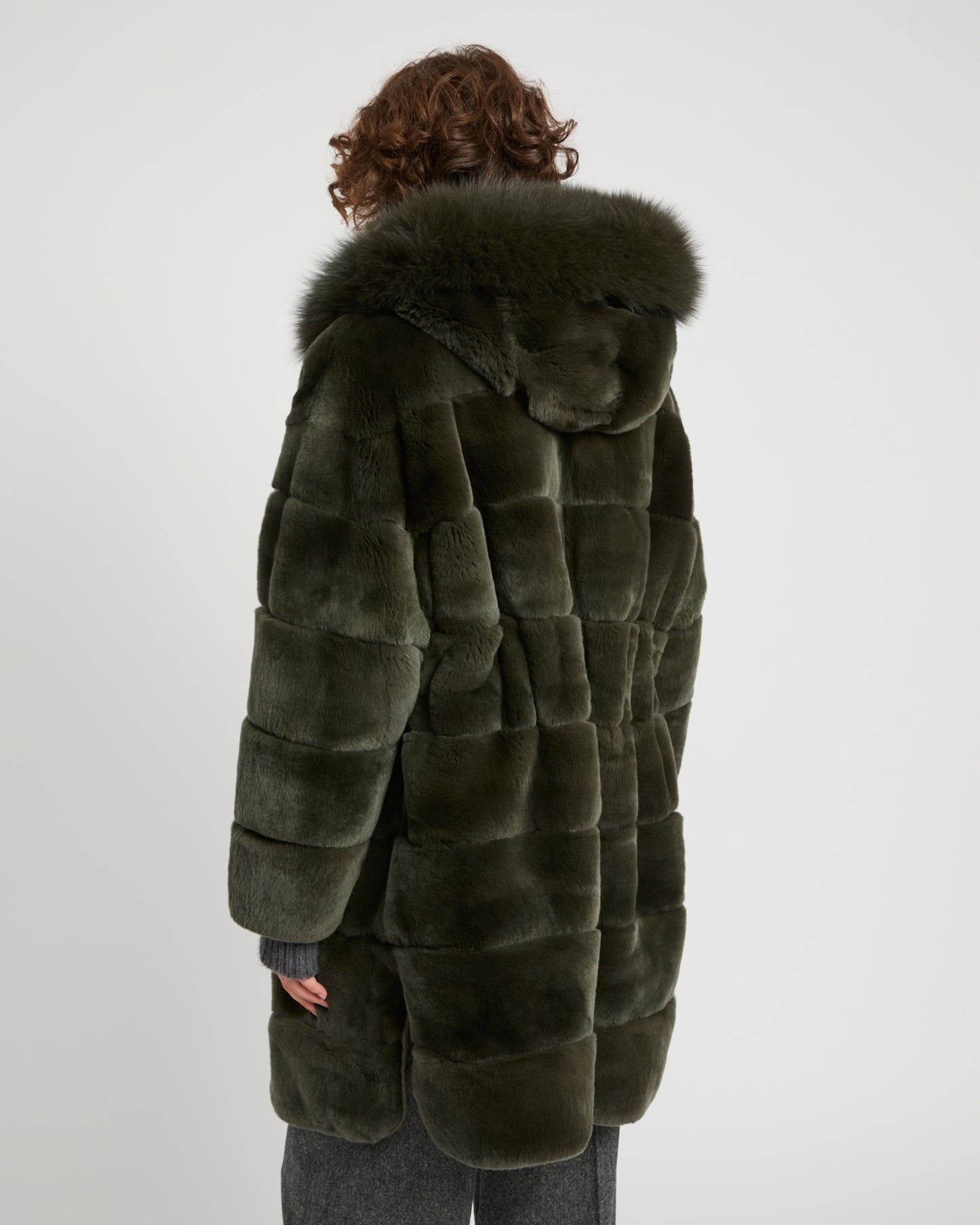 Hooded coat in technical fabric reversible rex rabbit fur
