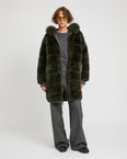 Hooded coat in technical fabric reversible rex rabbit fur