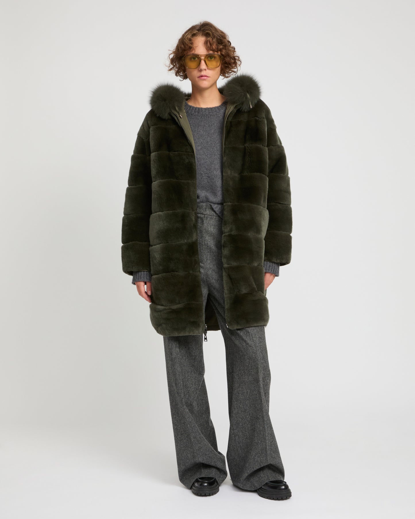 Hooded coat in technical fabric reversible rex rabbit fur