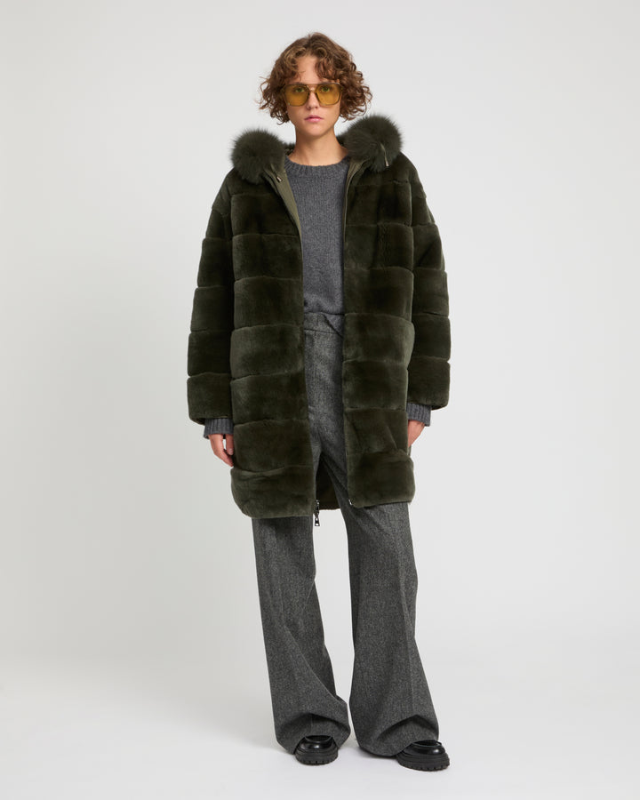 Hooded coat in technical fabric reversible rex rabbit fur