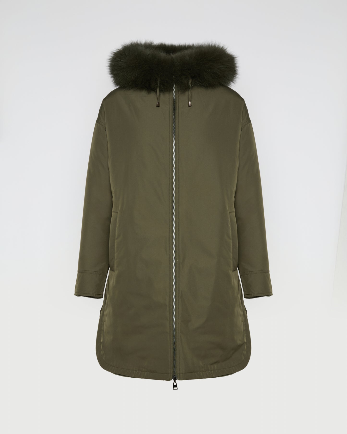 Hooded coat in technical fabric reversible rex rabbit fur