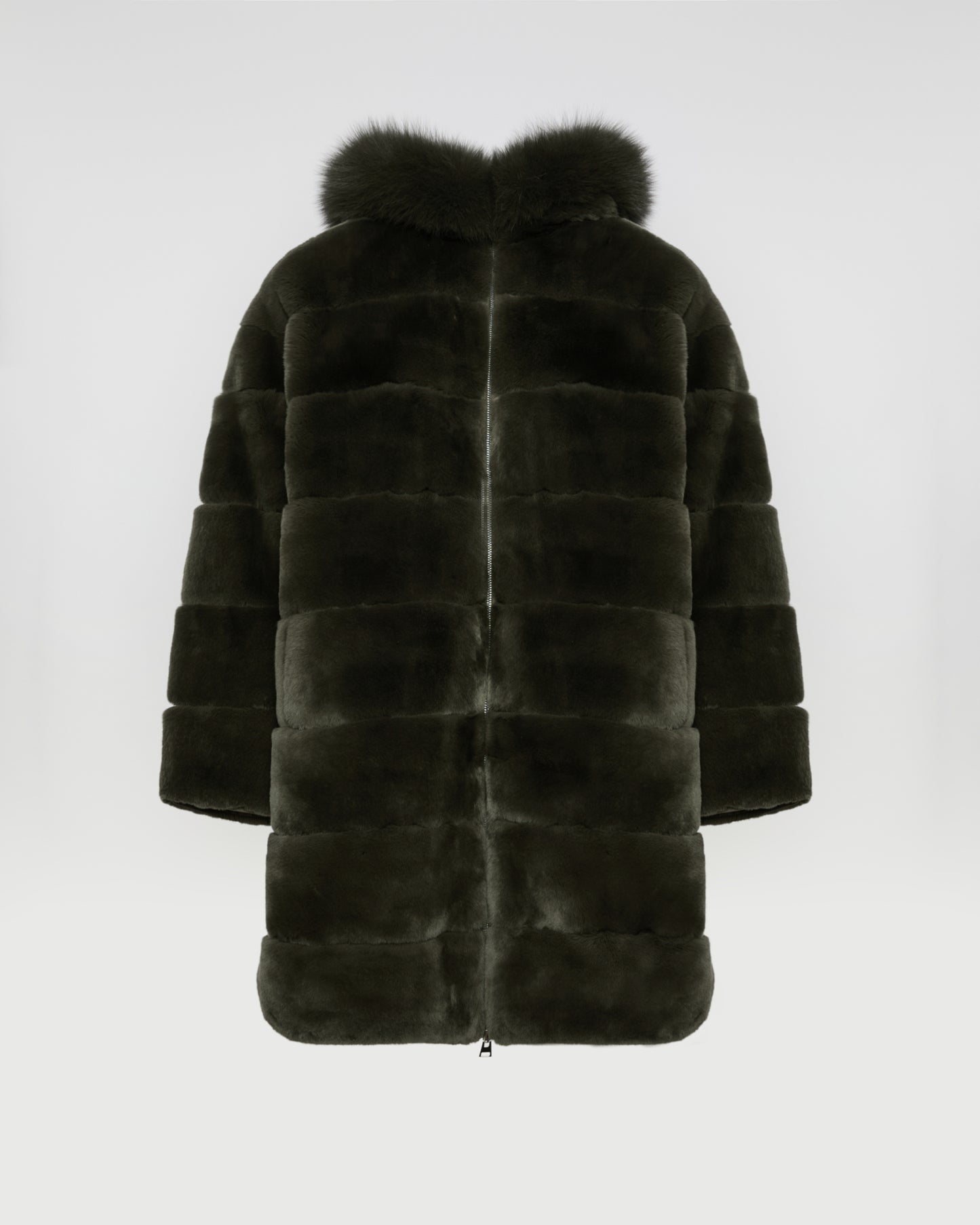 Hooded coat in technical fabric reversible rex rabbit fur