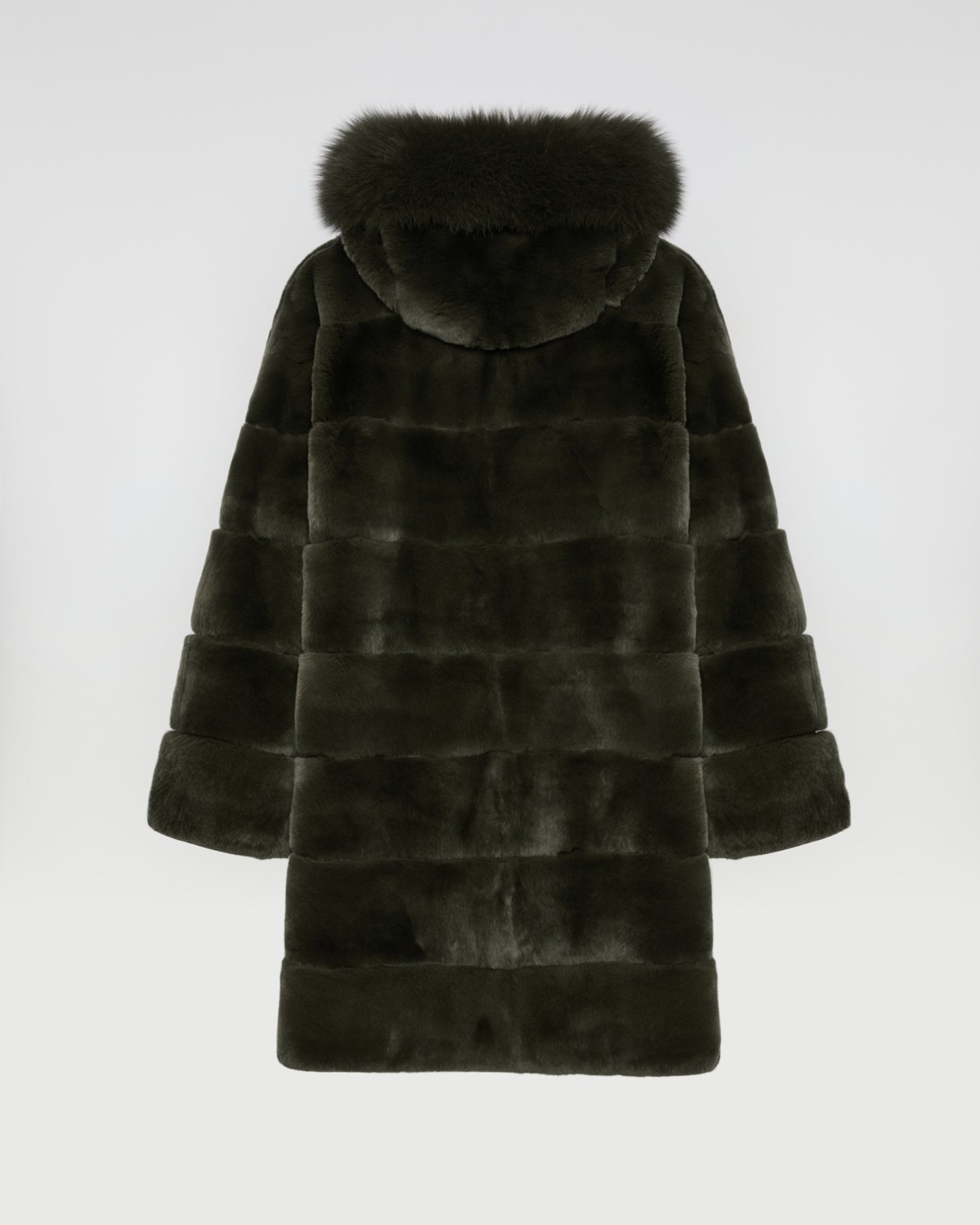 Hooded coat in technical fabric reversible rex rabbit fur