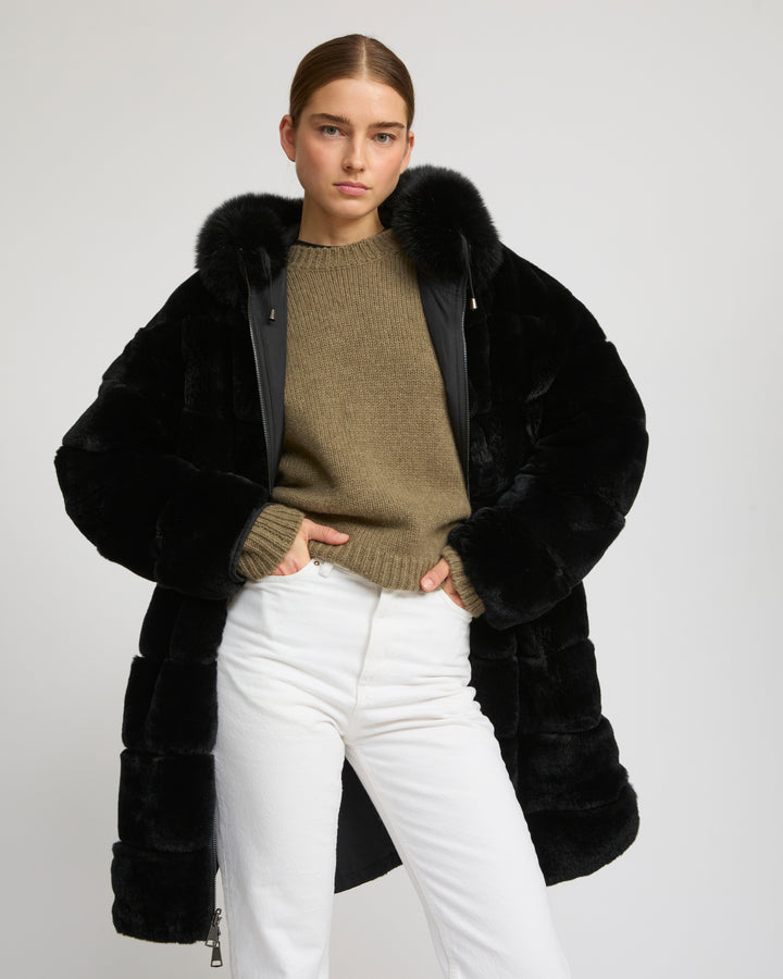 Hooded coat in technical fabric reversible rex rabbit fur