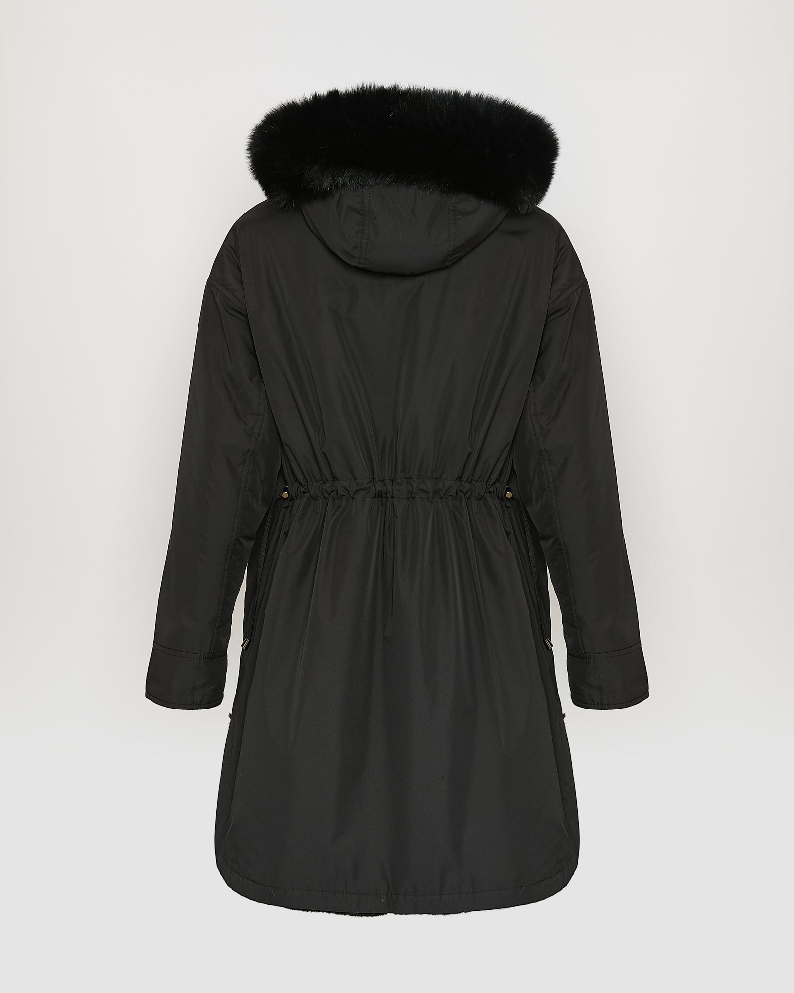 Hooded coat in technical fabric reversible rex rabbit fur - black