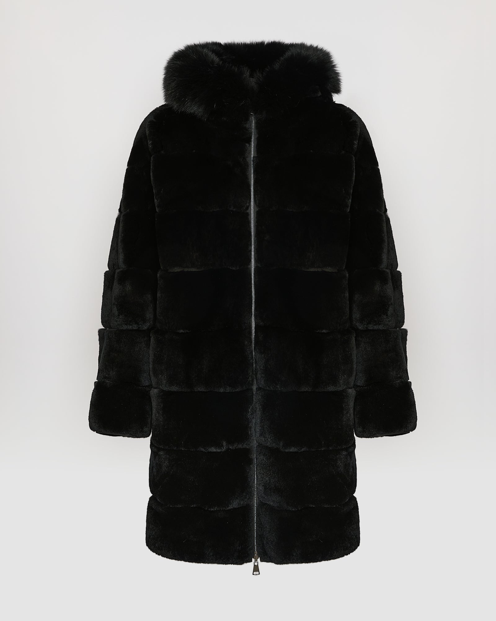 Hooded coat in technical fabric reversible rex rabbit fur - black