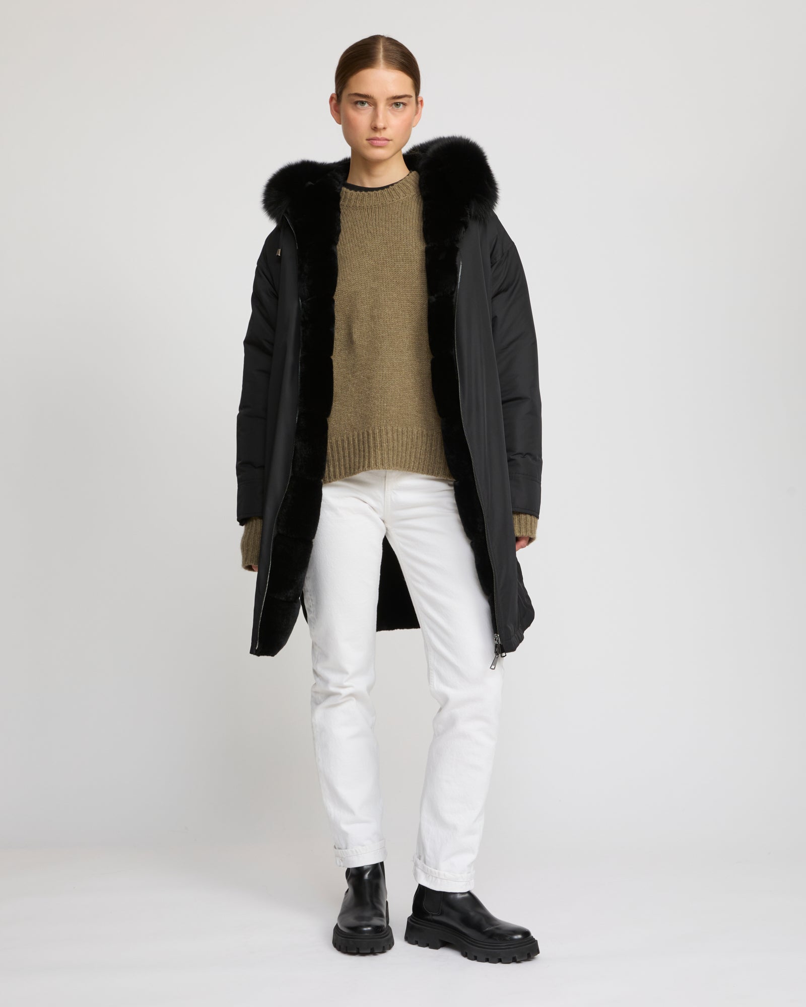 Hooded coat in technical fabric reversible rex rabbit fur - Yves Salomon