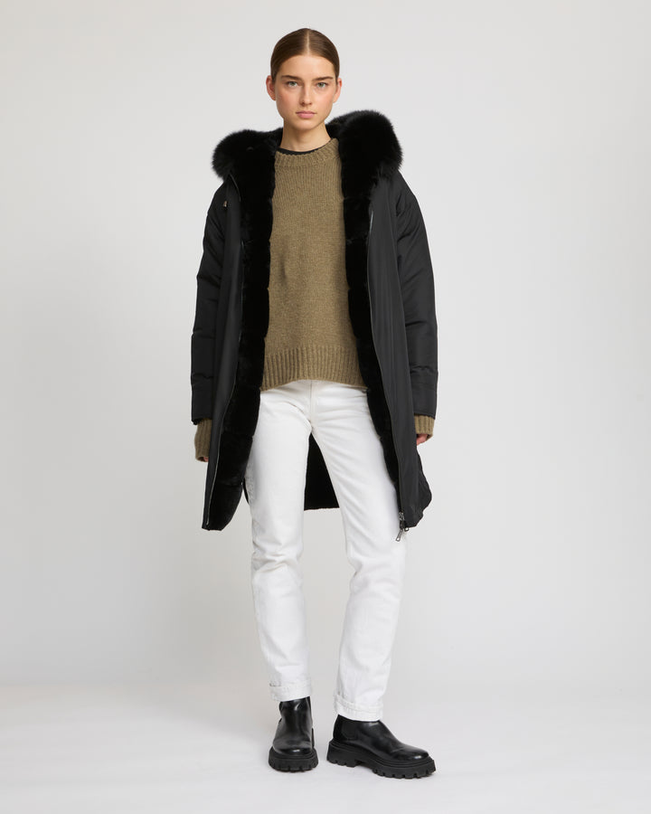 Hooded coat in technical fabric reversible rex rabbit fur