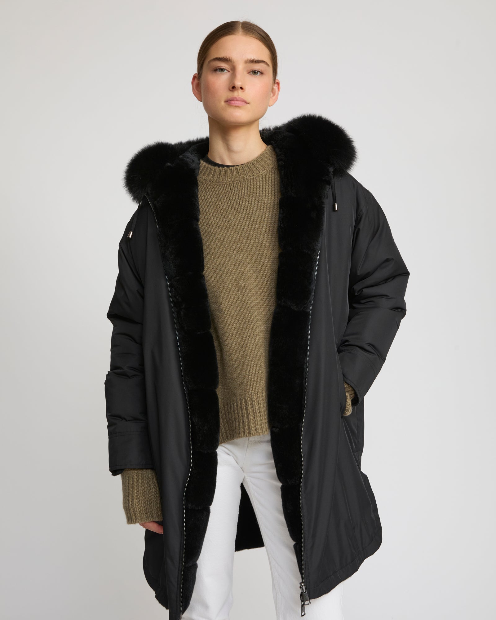 Hooded coat in technical fabric reversible rex rabbit fur - Yves Salomon