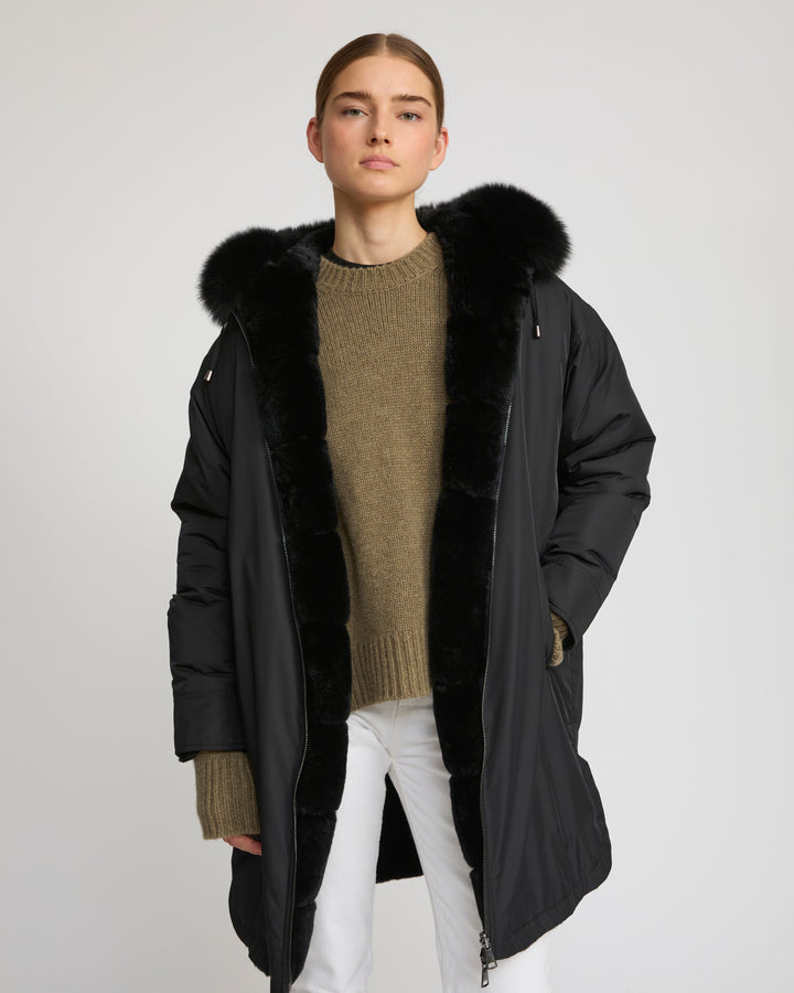 Hooded coat in technical fabric reversible rex rabbit fur