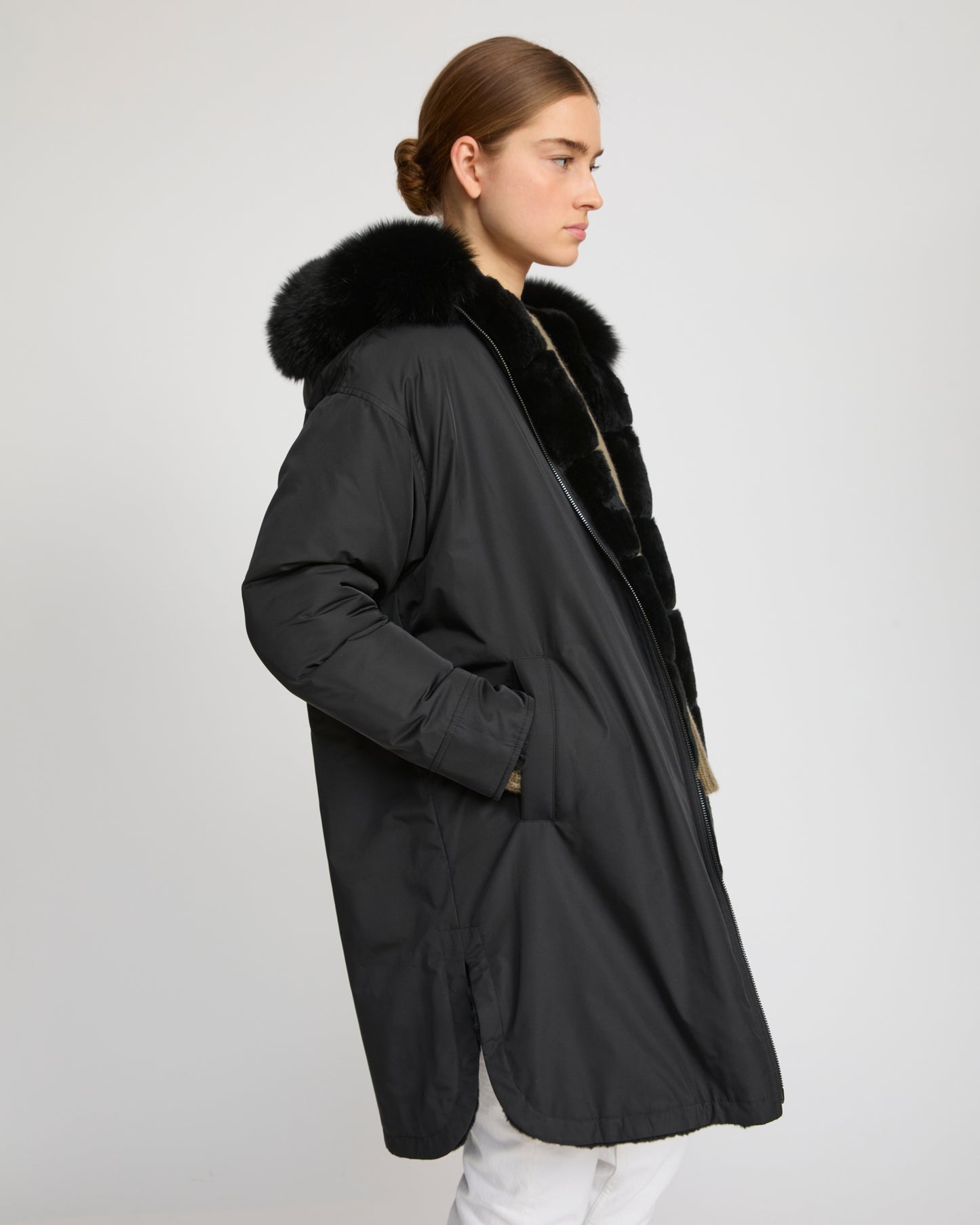 Hooded coat in technical fabric reversible rex rabbit fur - Yves Salomon