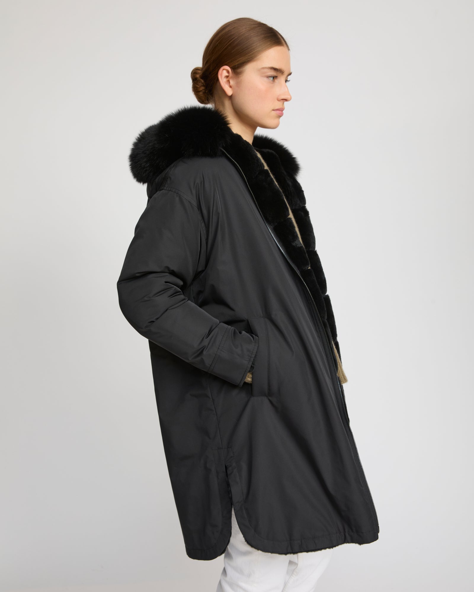 Hooded coat in technical fabric reversible rex rabbit fur - Yves Salomon