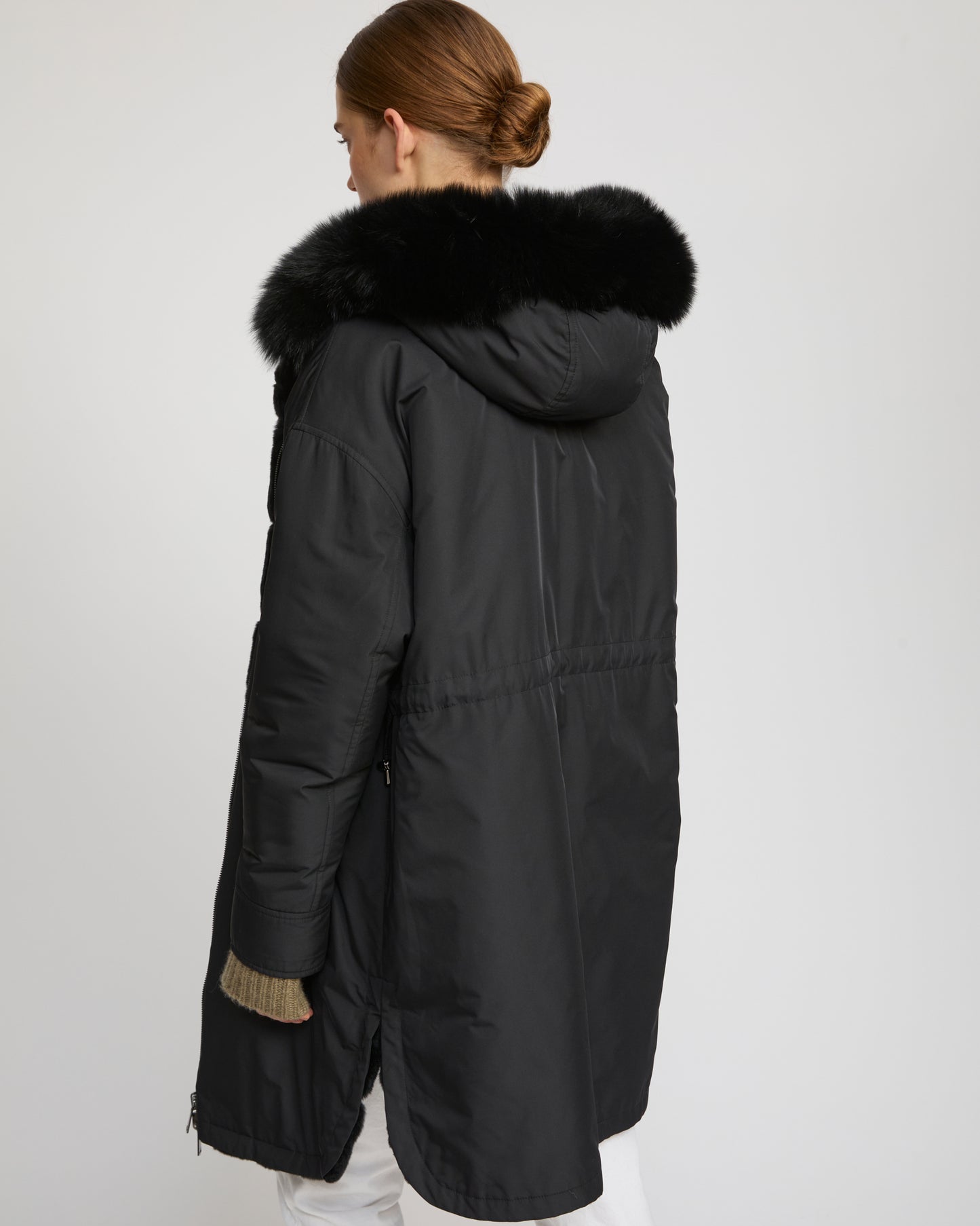 Hooded coat in technical fabric reversible rex rabbit fur - Yves Salomon