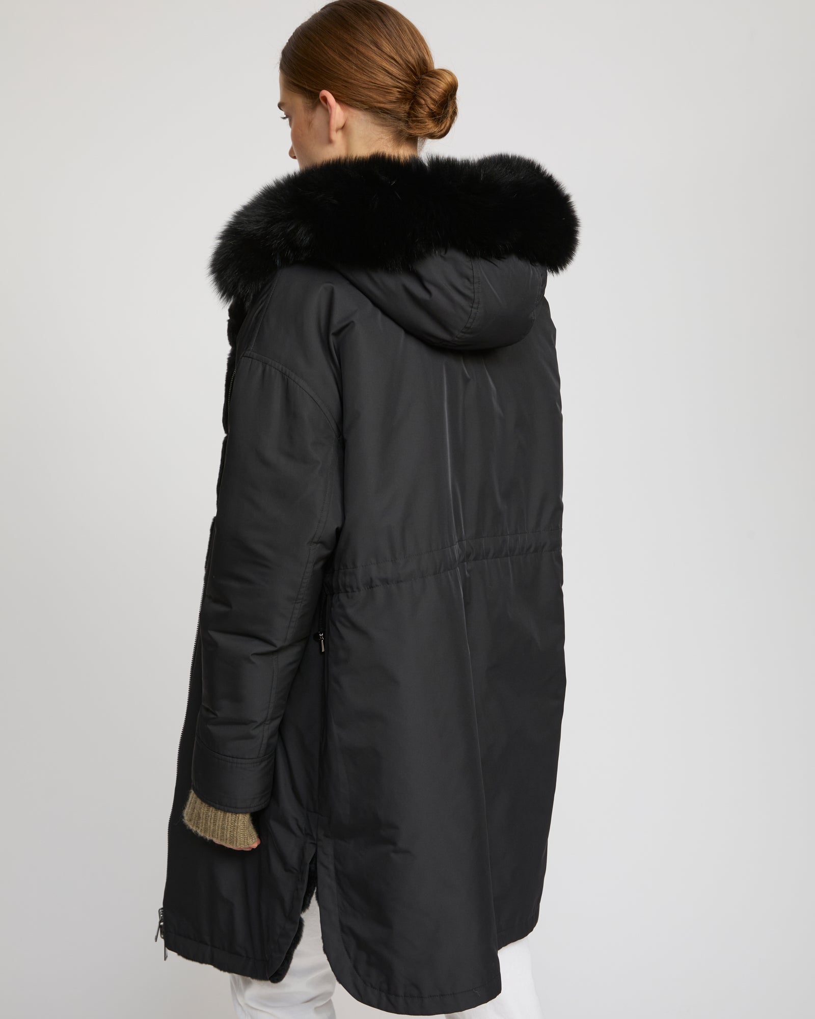 Hooded coat in technical fabric reversible rex rabbit fur - Yves Salomon