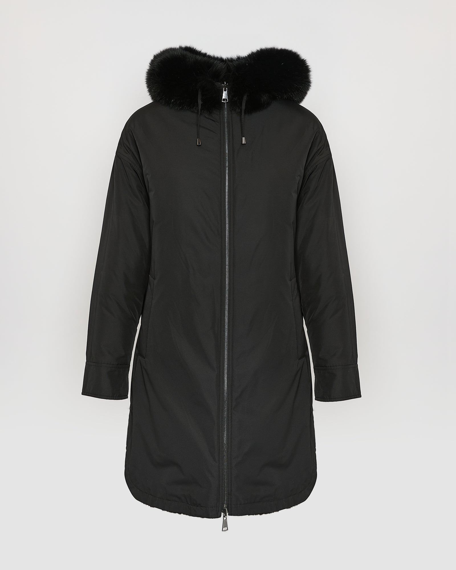 Hooded coat in technical fabric reversible rex rabbit fur - black