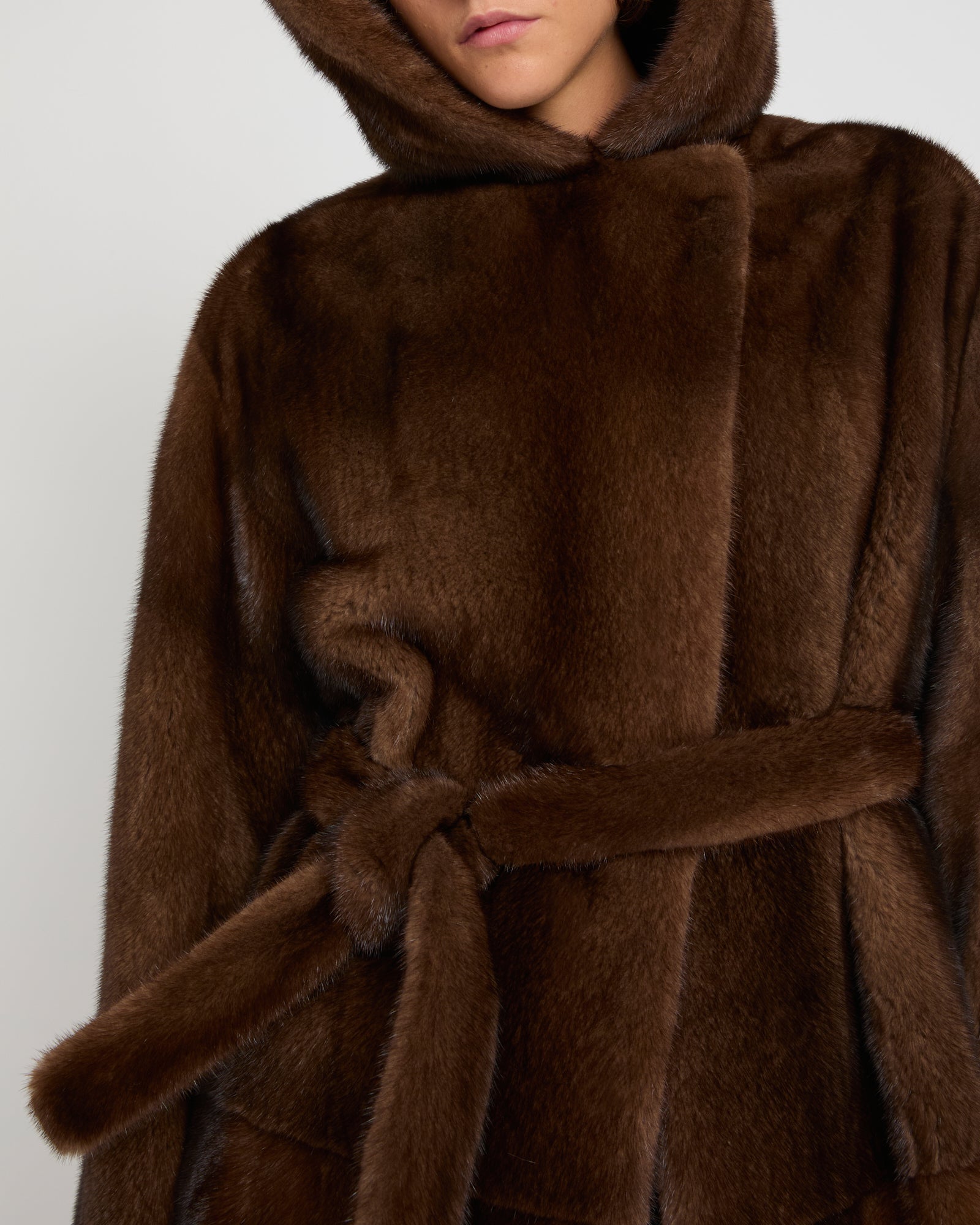 YVES SALOMON ダークブラウン ミンクコート　サイズ36 Long hooded coat in long-haired mink fur - brown - Yves Salomon