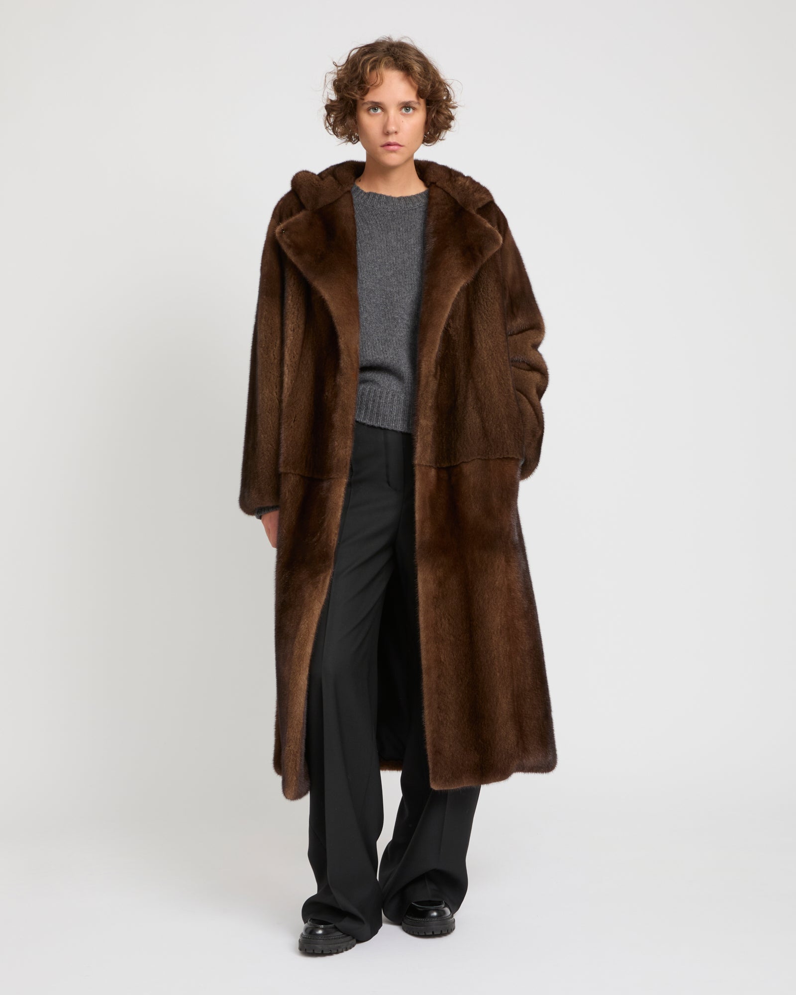 Long hooded coat in long-haired mink fur - brown - Yves Salomon