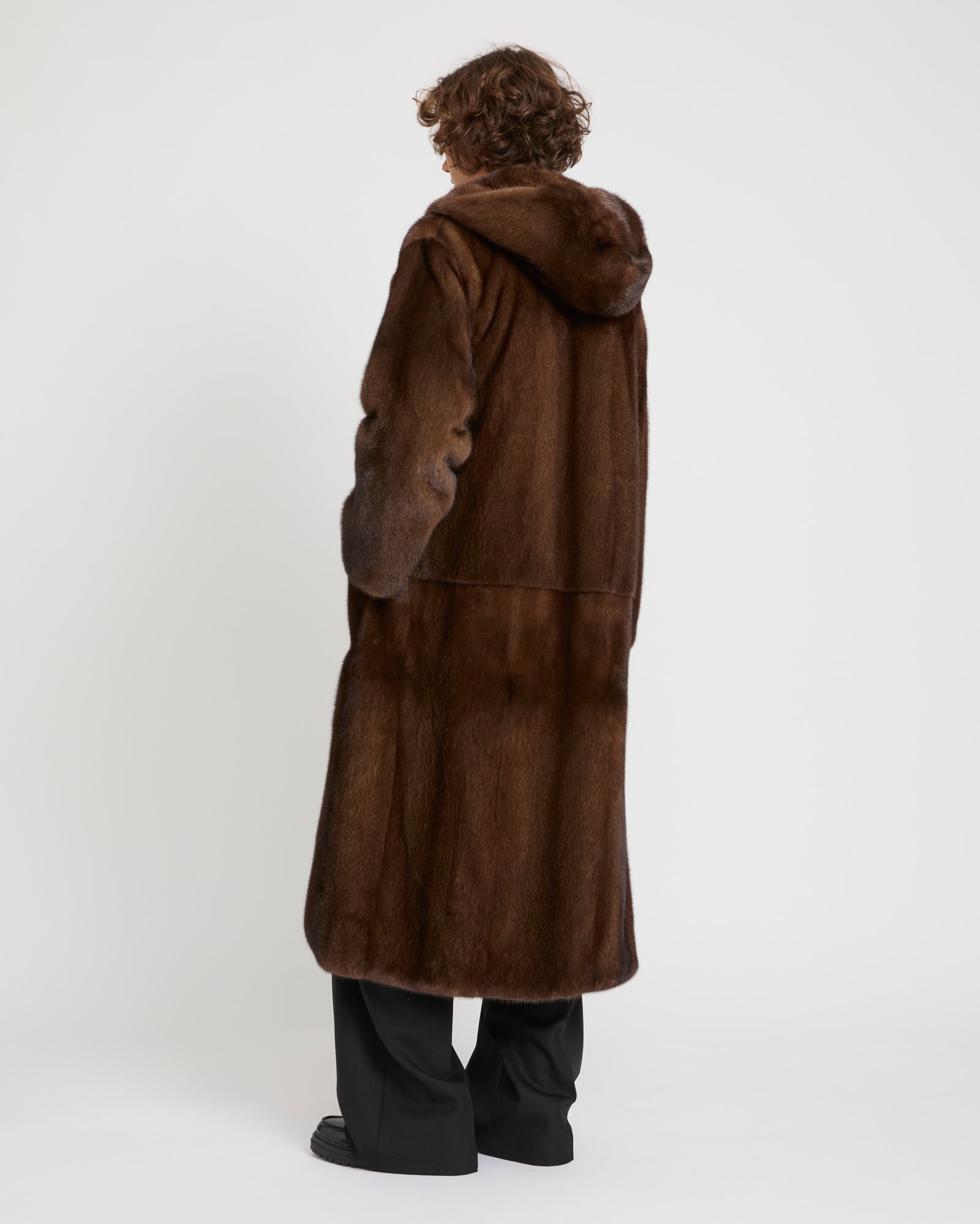 Long hooded coat in long-haired mink fur - brown - Yves Salomon