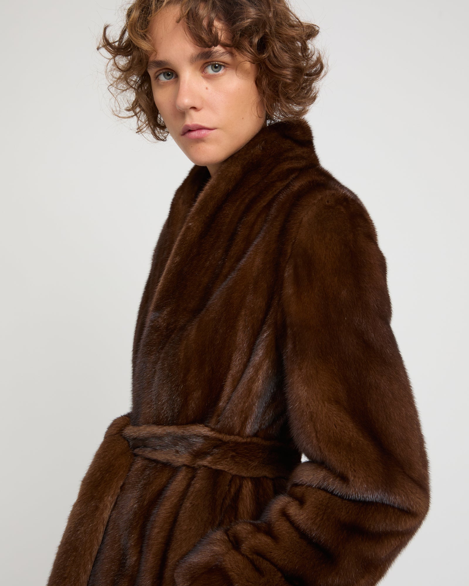 Maxi belted coat in long-haired mink fur - brown - Yves Salomon